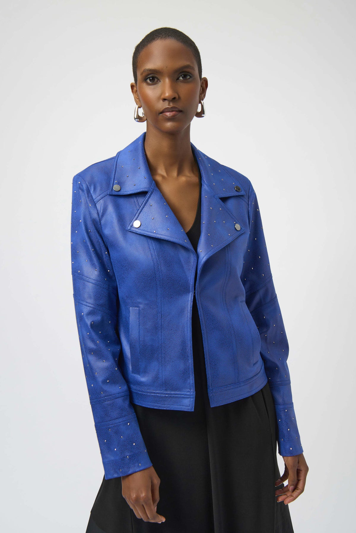 Joseph Ribkoff Blue Foiled Faux Suede Fitted Jacket with Rhinestones