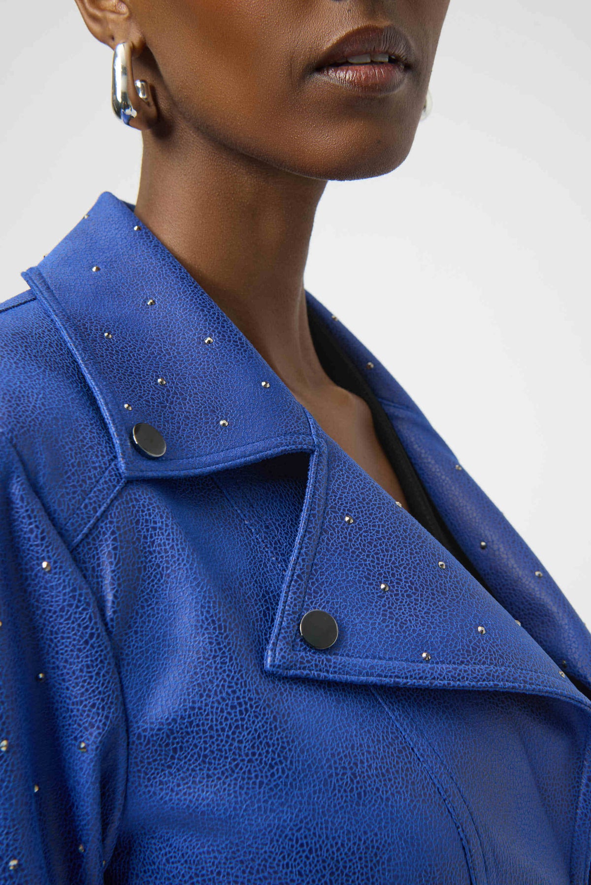Joseph Ribkoff Blue Foiled Faux Suede Fitted Jacket with Rhinestones