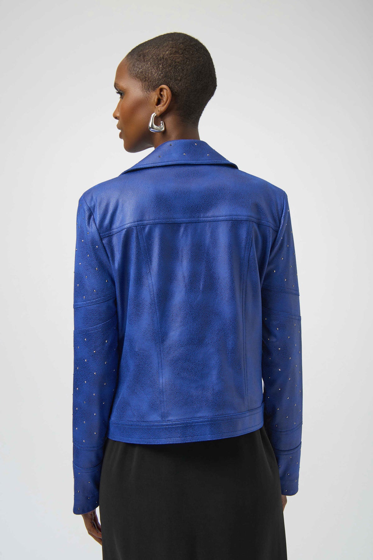 Joseph Ribkoff Blue Foiled Faux Suede Fitted Jacket with Rhinestones