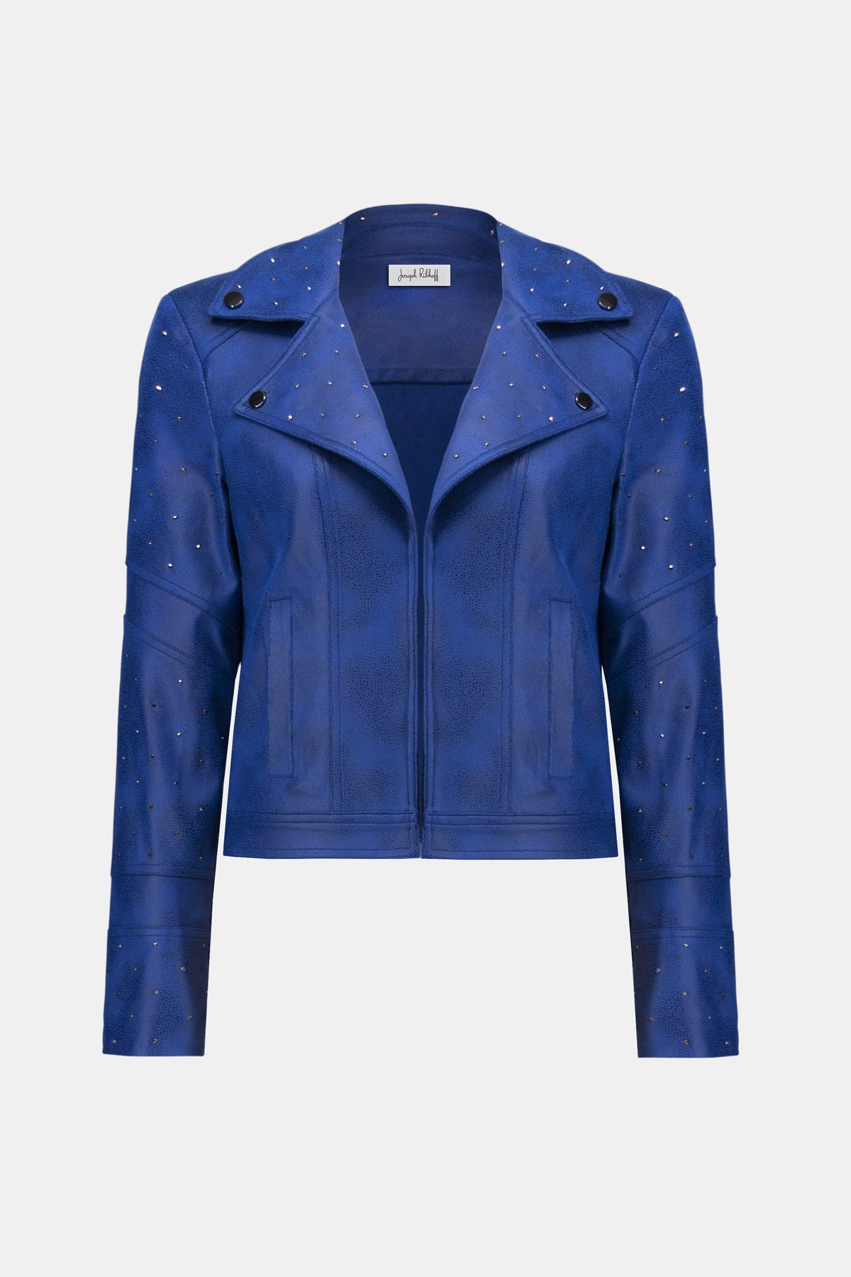 Joseph Ribkoff Blue Foiled Faux Suede Fitted Jacket with Rhinestones