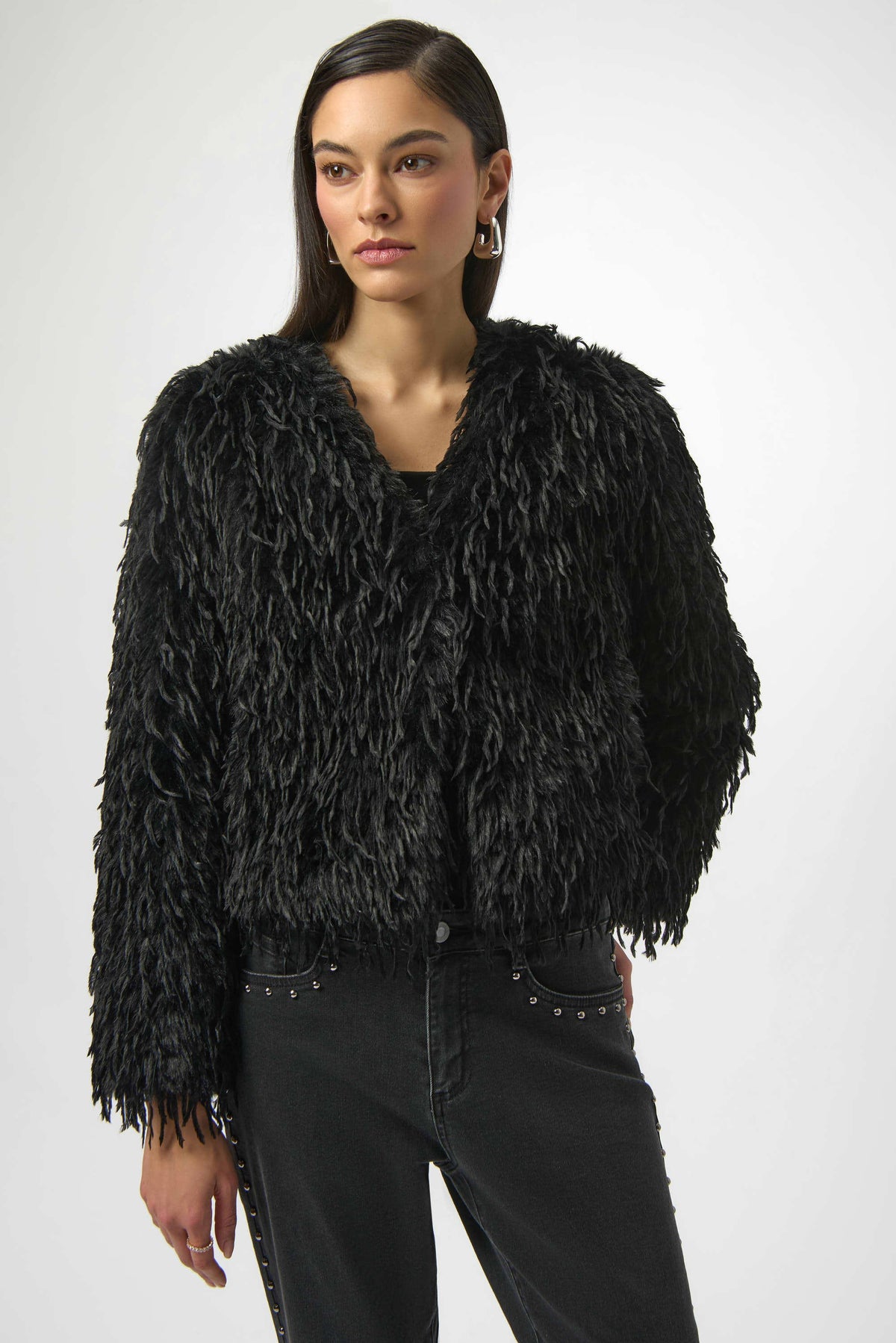 Joseph Ribkoff Black Faux Fur Collarless Boxy Jacket