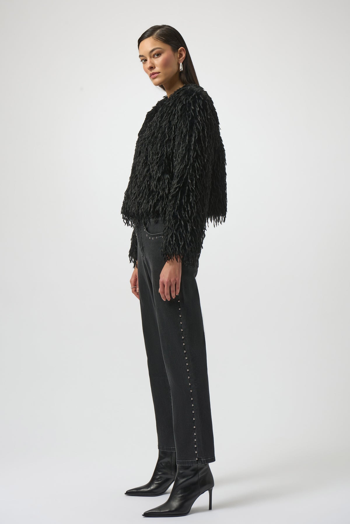 Joseph Ribkoff Black Faux Fur Collarless Boxy Jacket