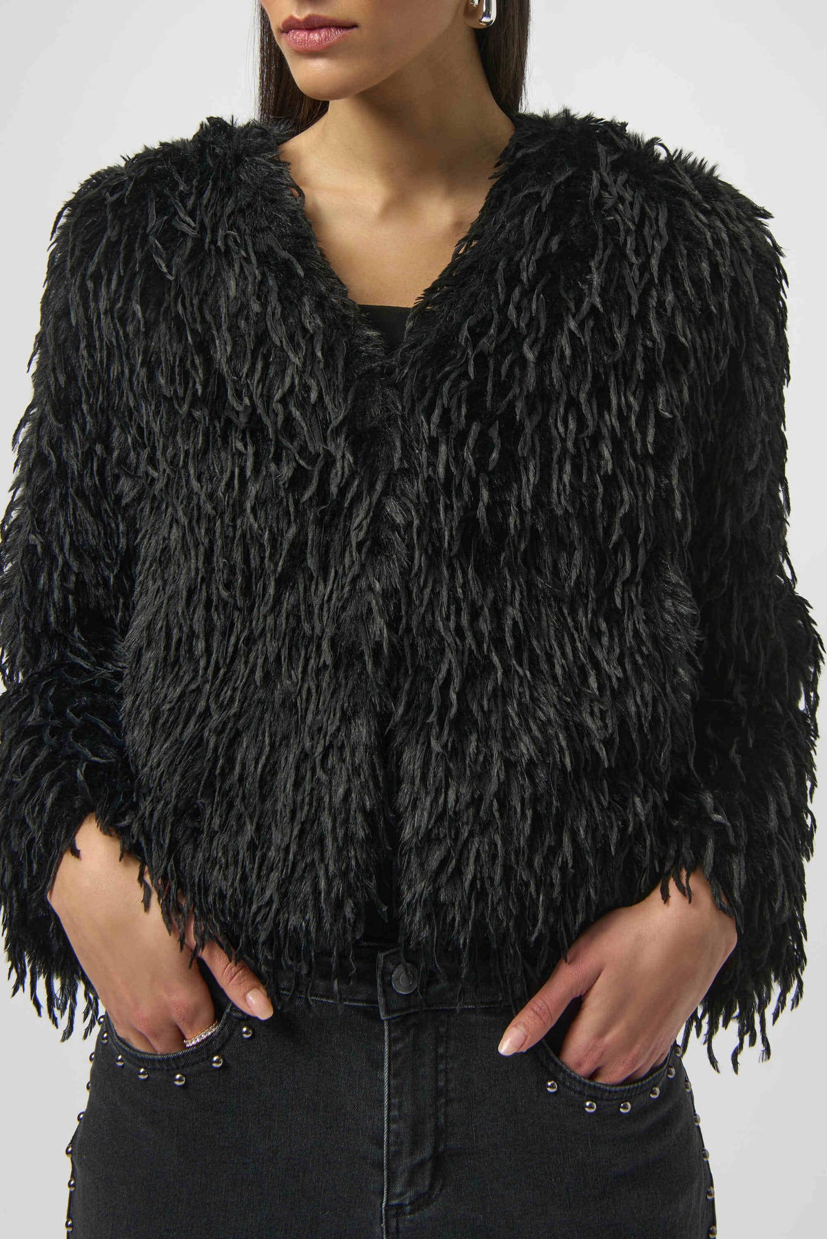 Joseph Ribkoff Black Faux Fur Collarless Boxy Jacket