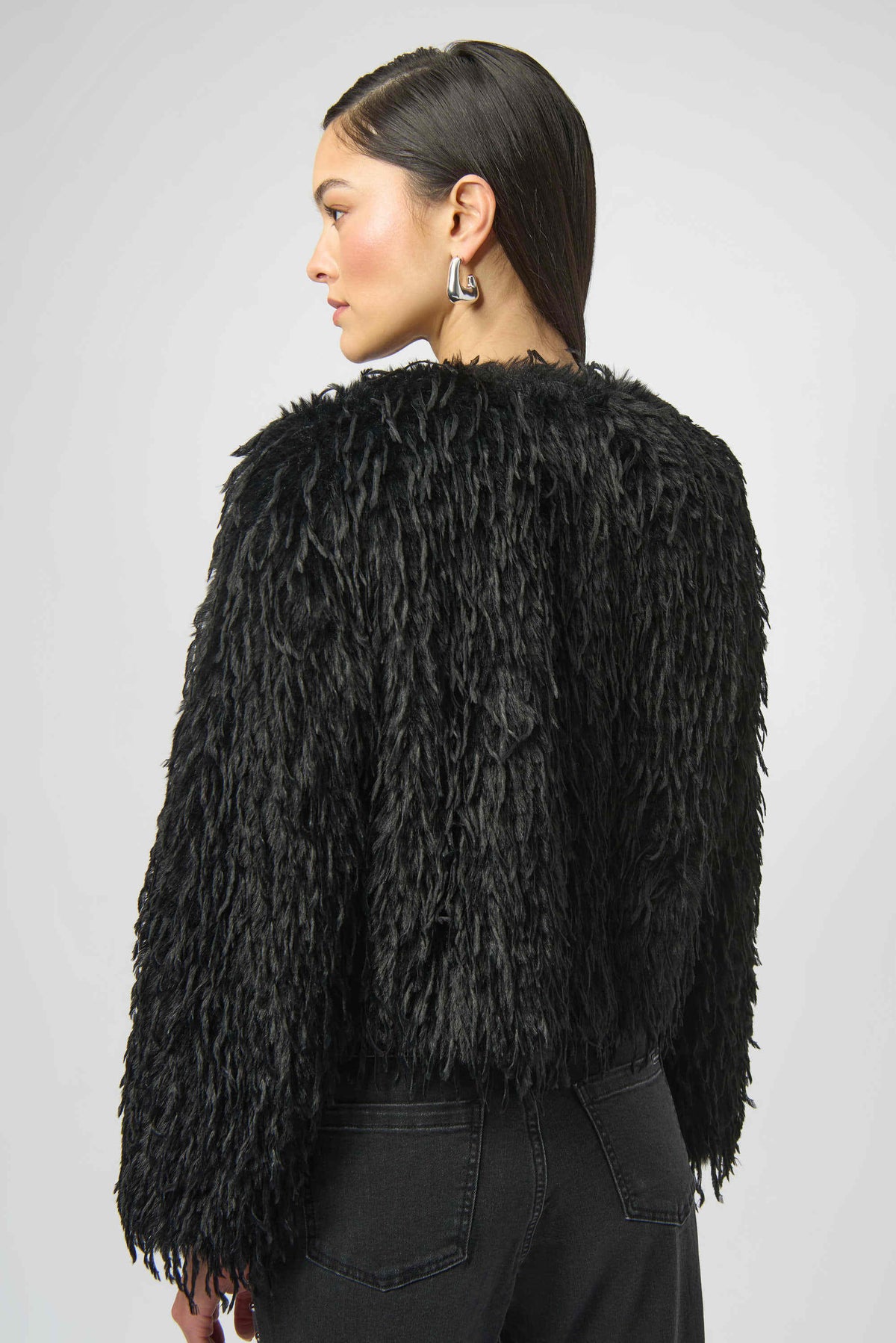 Joseph Ribkoff Black Faux Fur Collarless Boxy Jacket