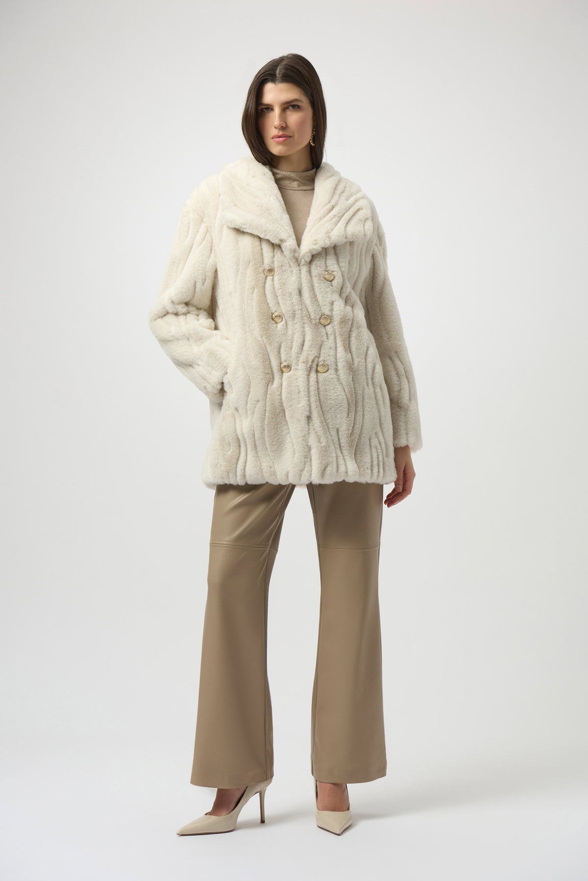 Joseph Ribkoff Cream Textured Faux Fur Shawl Collar Coat