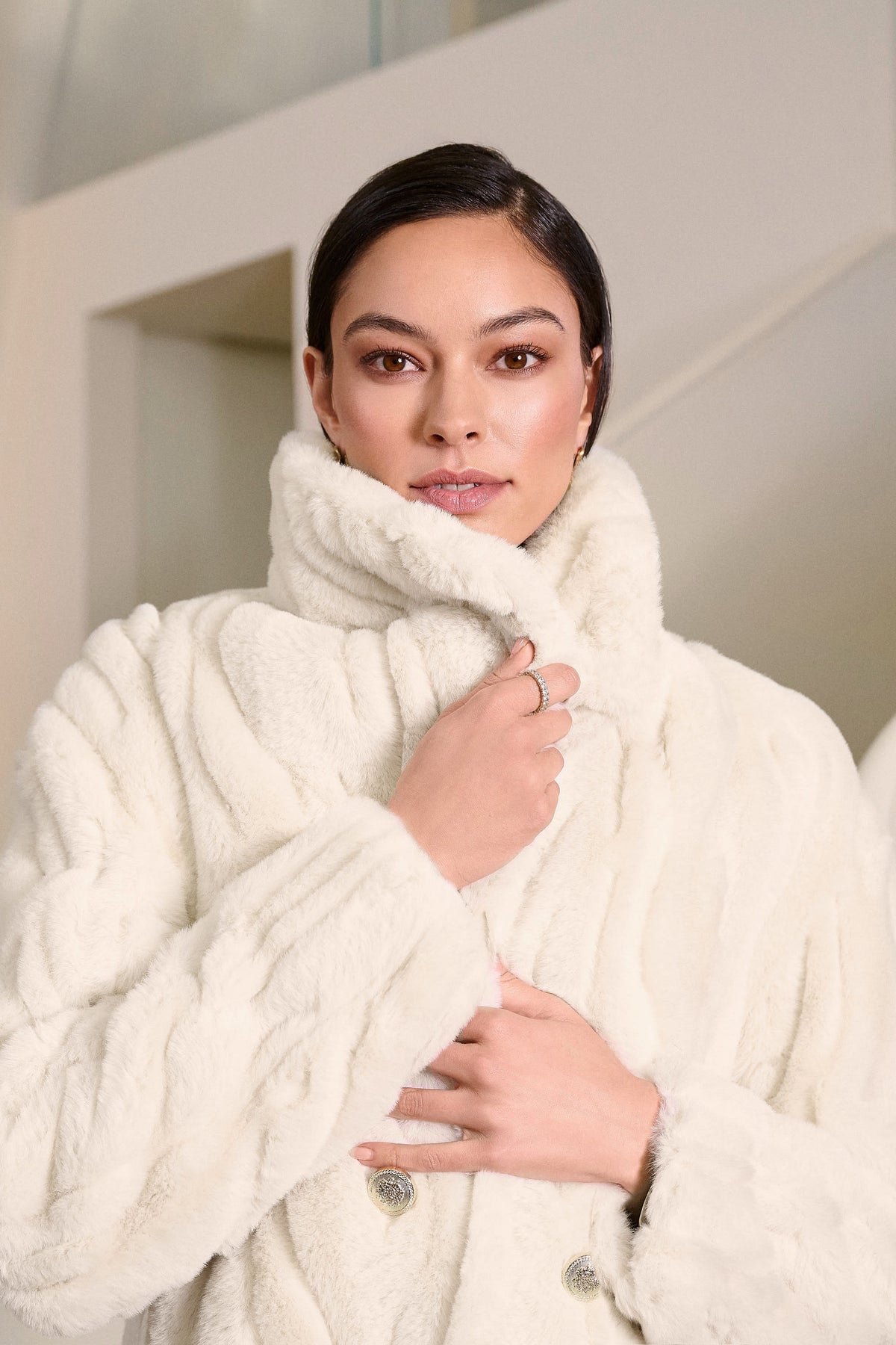 Joseph Ribkoff Cream Textured Faux Fur Shawl Collar Coat