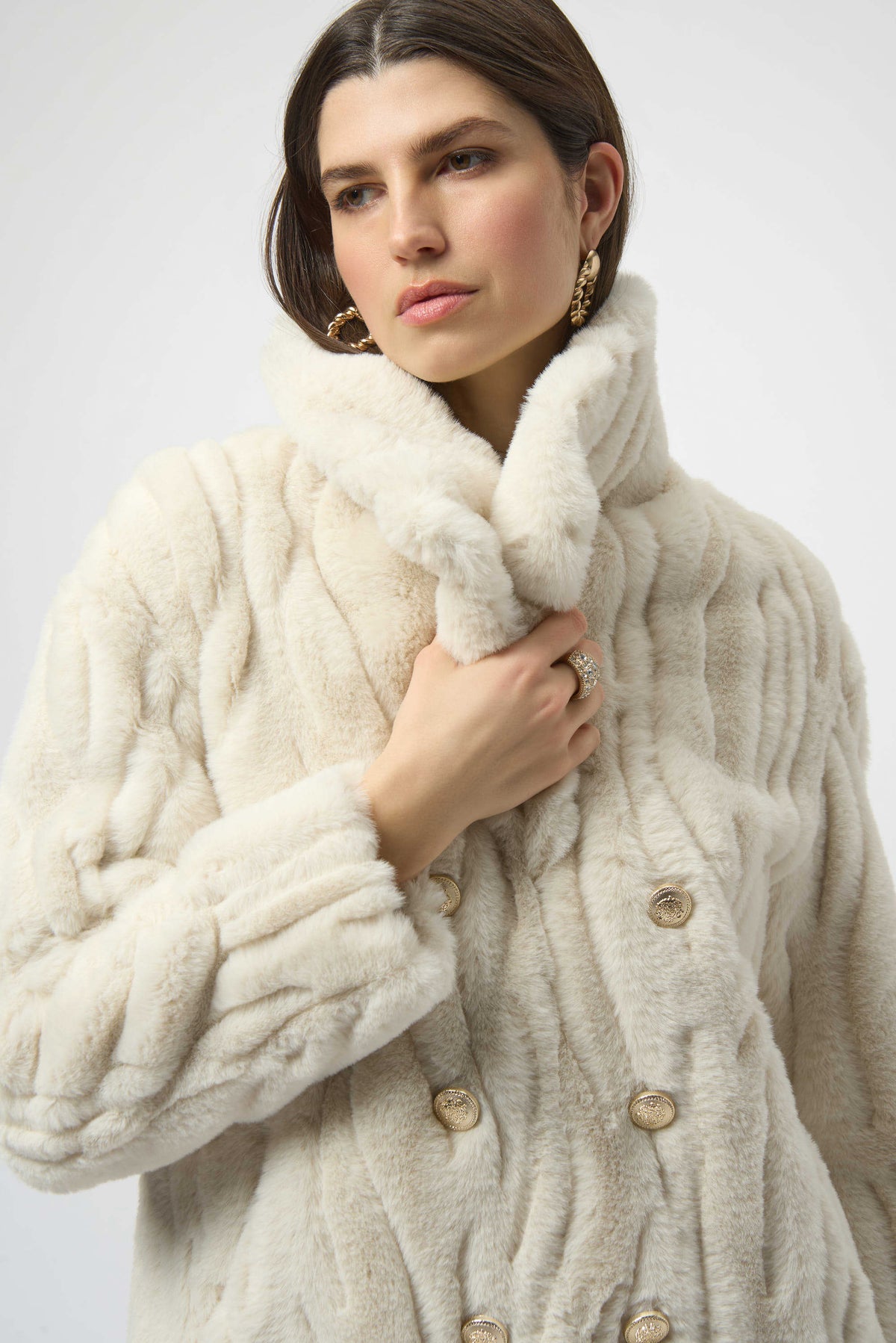 Joseph Ribkoff Cream Textured Faux Fur Shawl Collar Coat