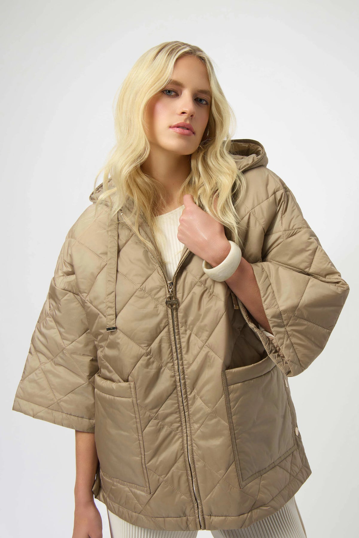 Joseph Ribkoff Gold Woven Diamond Quilt Hooded Jacket