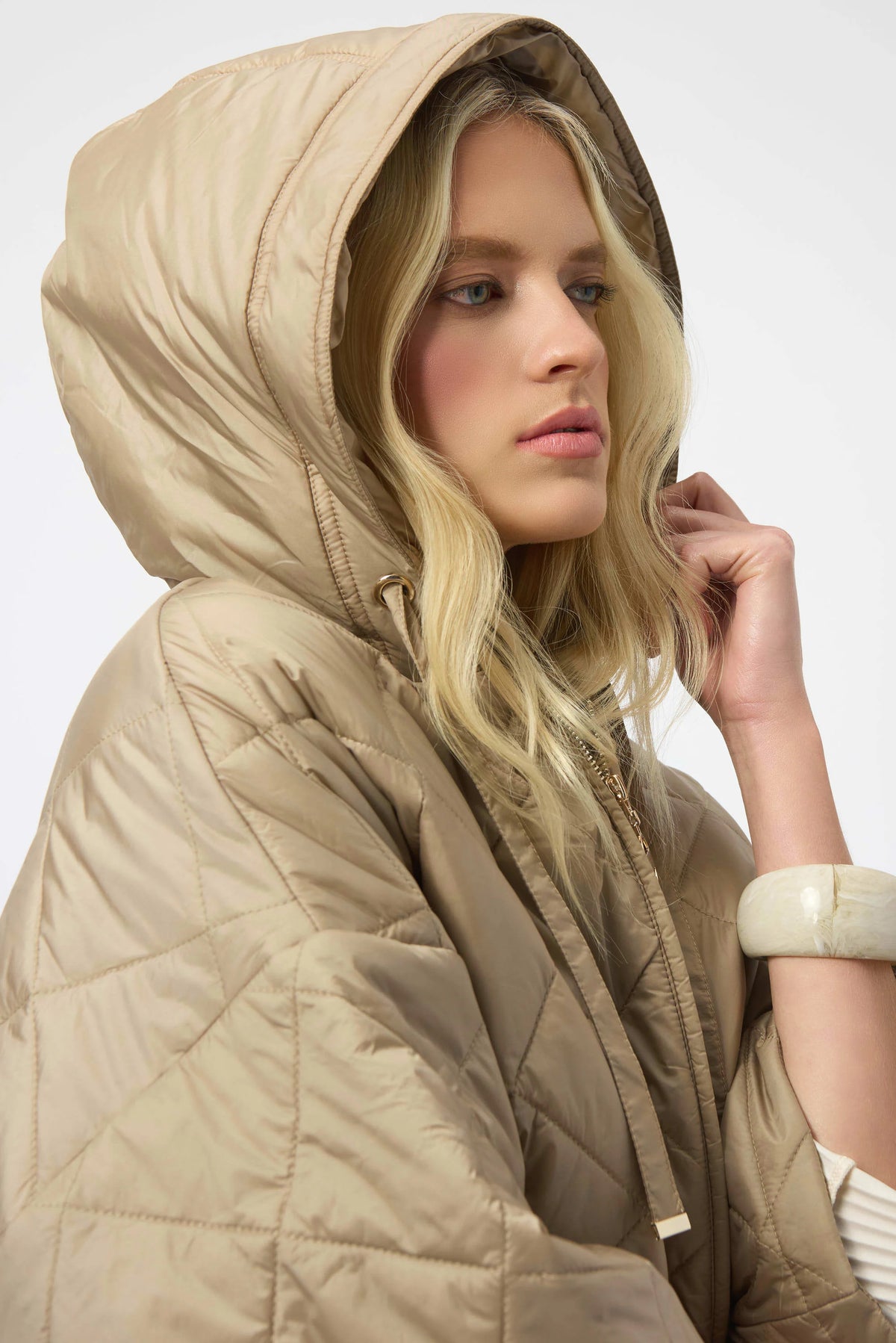 Joseph Ribkoff Gold Woven Diamond Quilt Hooded Jacket