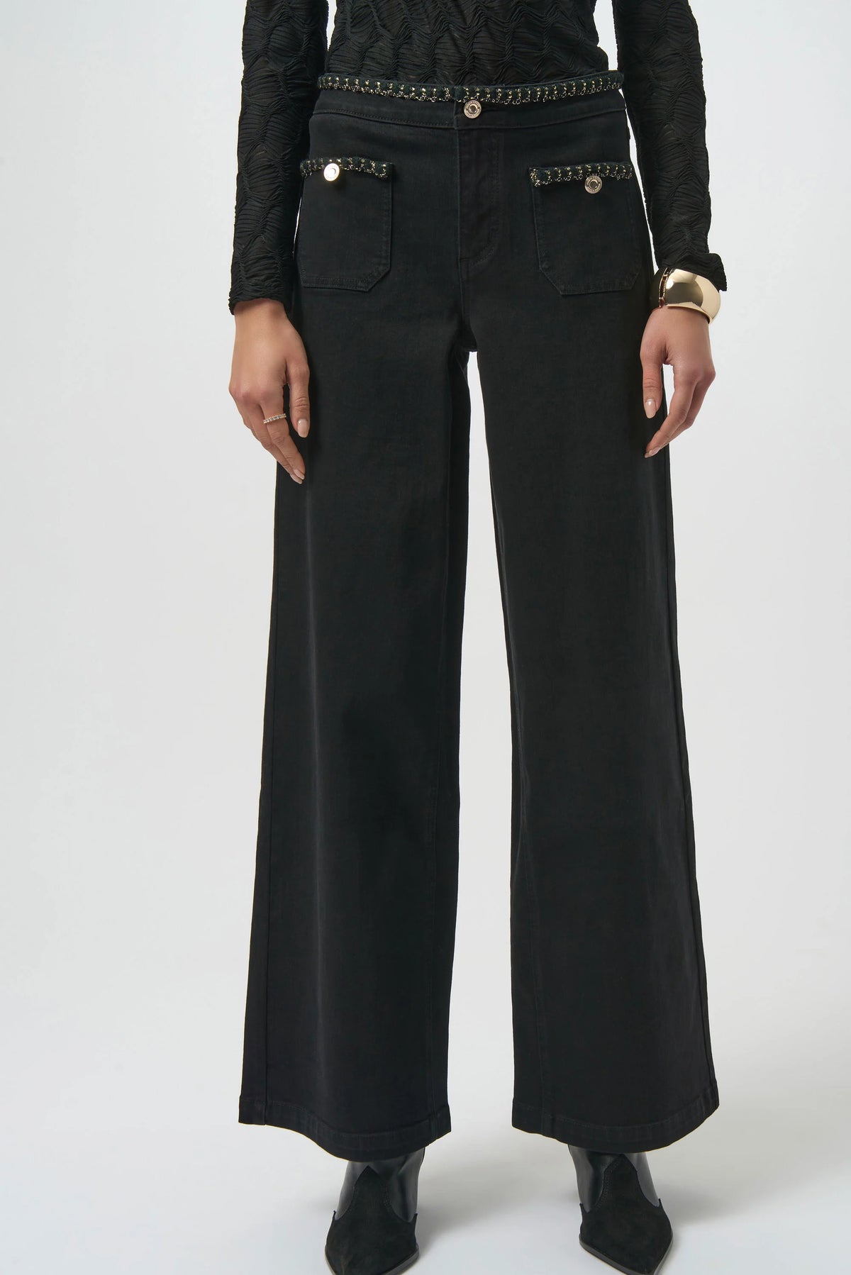 Joseph Ribkoff Black Classic Wide Leg Stretch Jeans with Braided Trim