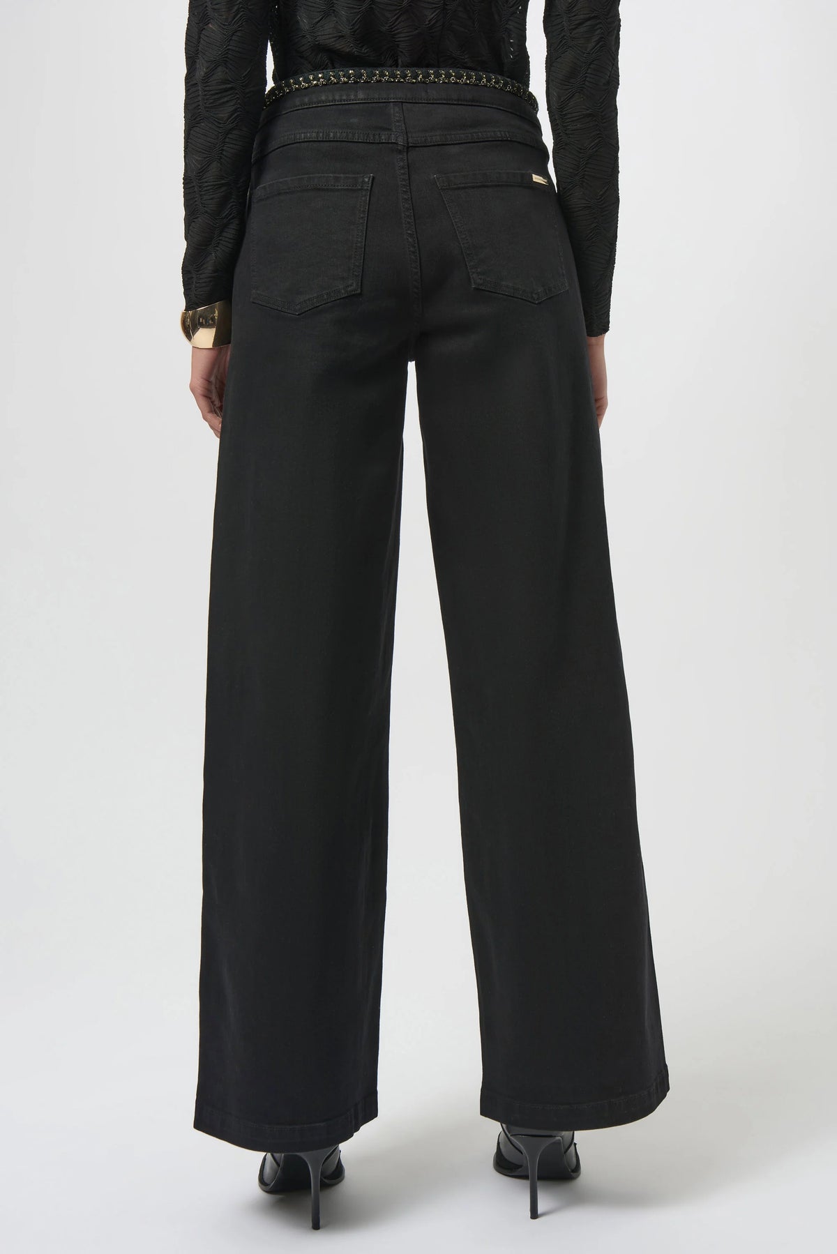 Joseph Ribkoff Black Classic Wide Leg Stretch Jeans with Braided Trim