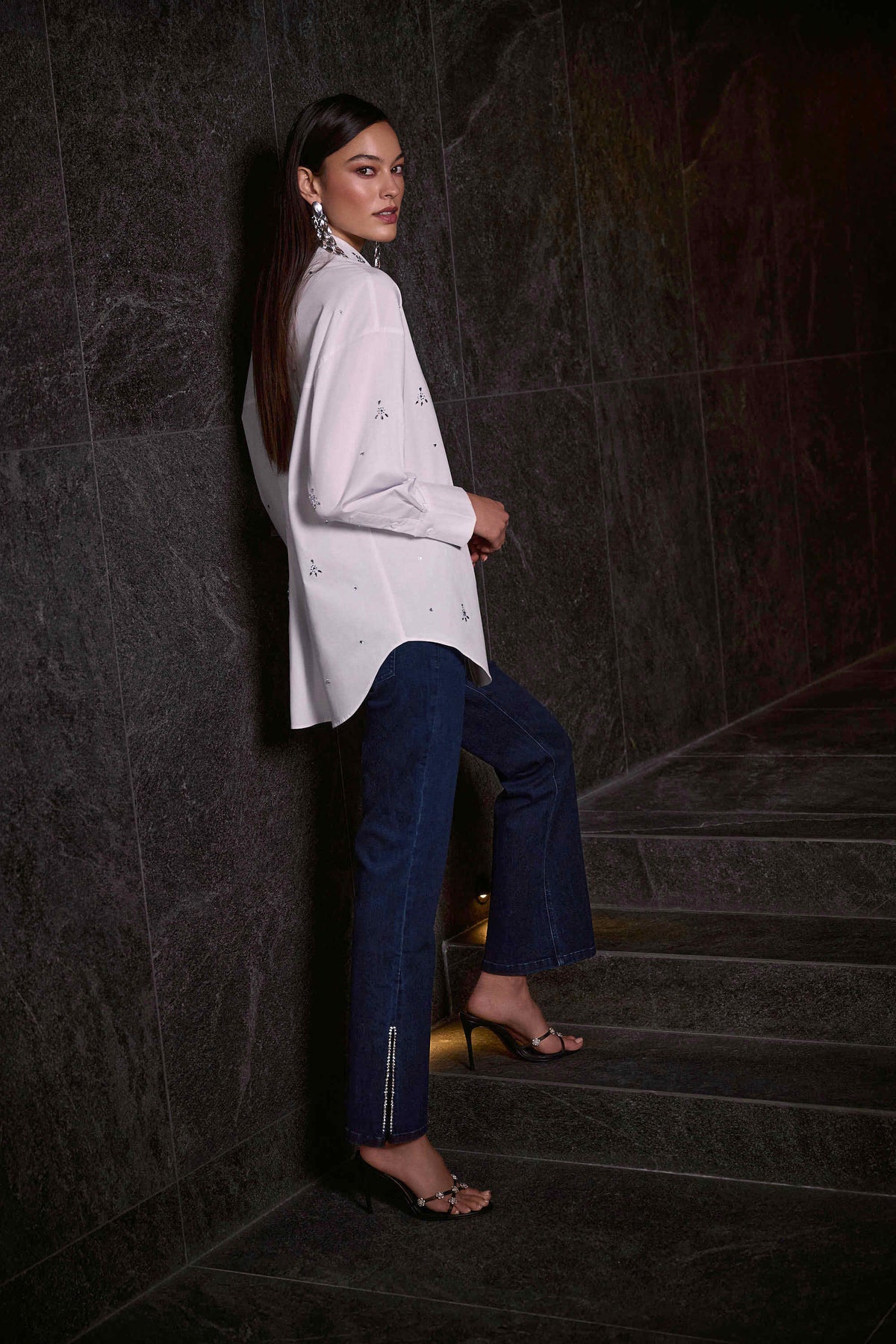 Joseph Ribkoff Dark Denim Classic Straight Leg Jeans with Rhinestone Hem