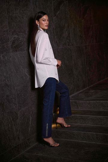 Joseph Ribkoff Dark Denim Classic Straight Leg Jeans with Rhinestone Hem