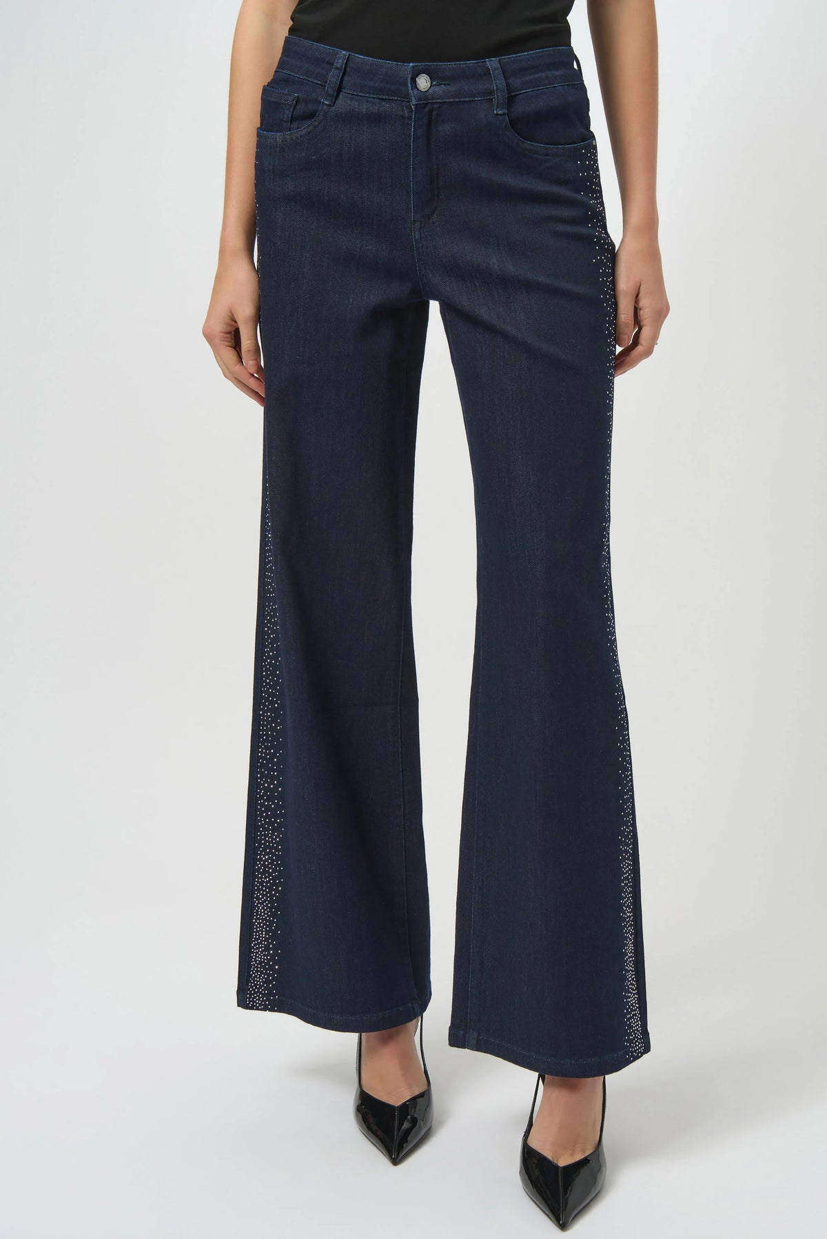 Joseph Ribkoff Dark Blue Classic Wide Leg Jeans with Rhinestone Seams