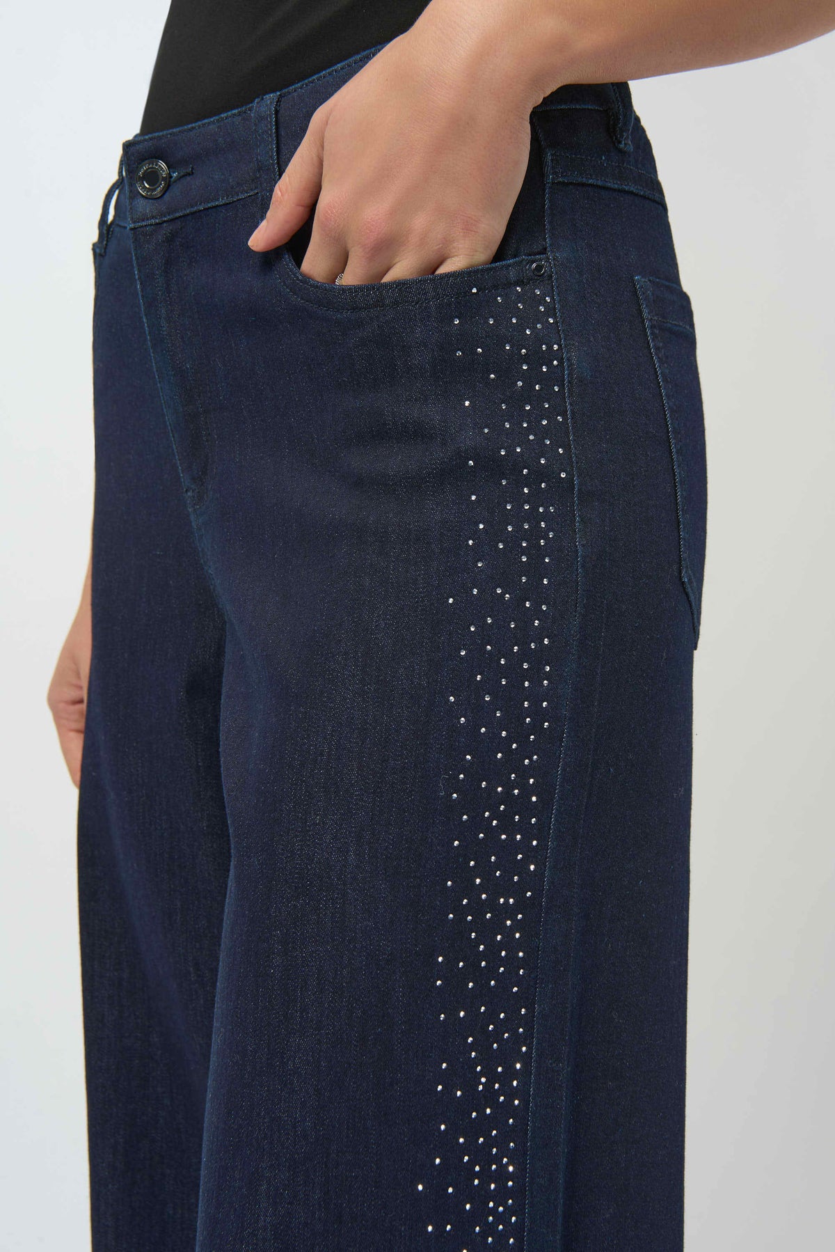 Joseph Ribkoff Dark Blue Classic Wide Leg Jeans with Rhinestone Seams