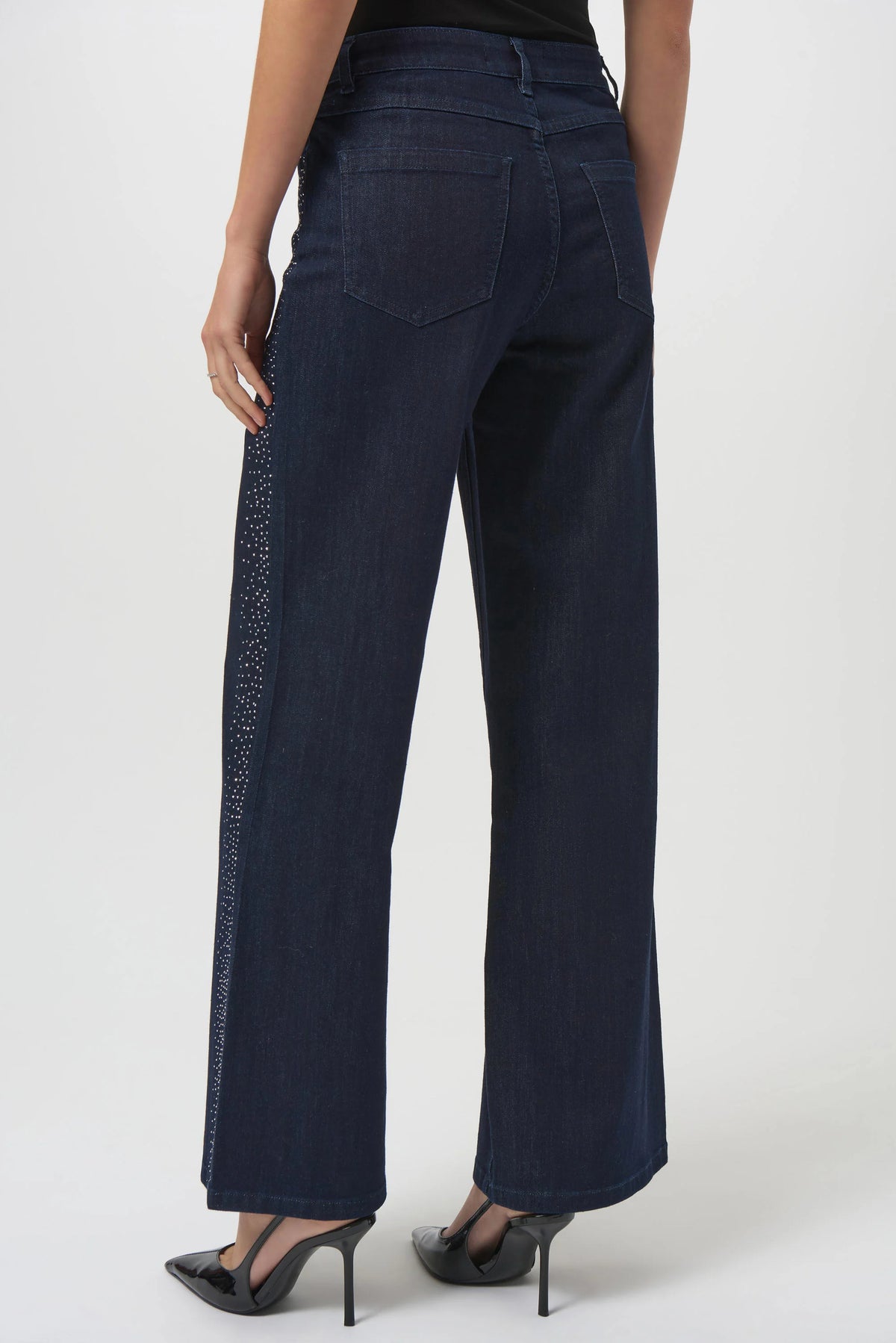 Joseph Ribkoff Dark Blue Classic Wide Leg Jeans with Rhinestone Seams