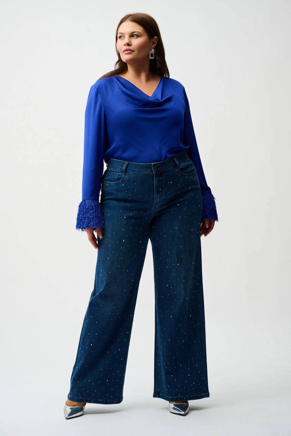 Joseph Ribkoff Medium Blue Classic Wide Leg Jeans with Rhinestones