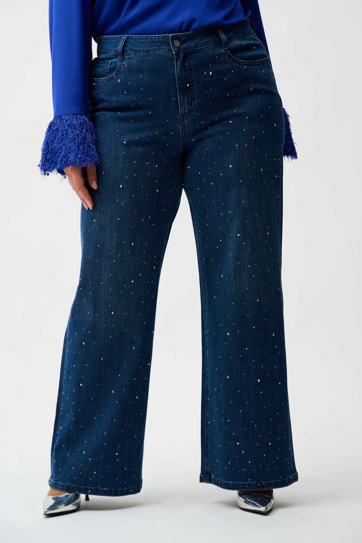 Joseph Ribkoff Medium Blue Classic Wide Leg Jeans with Rhinestones