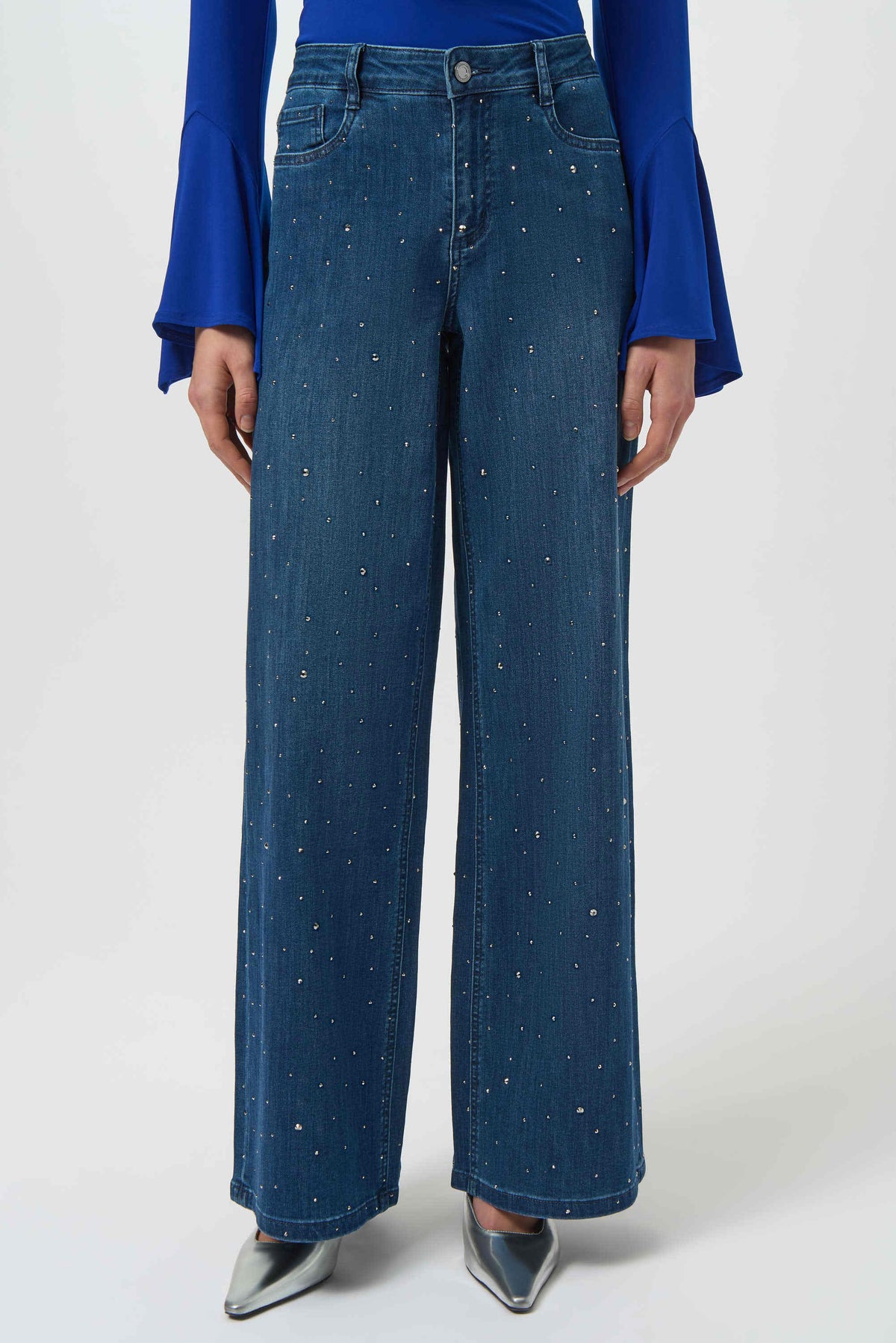 Joseph Ribkoff Medium Blue Classic Wide Leg Jeans with Rhinestones
