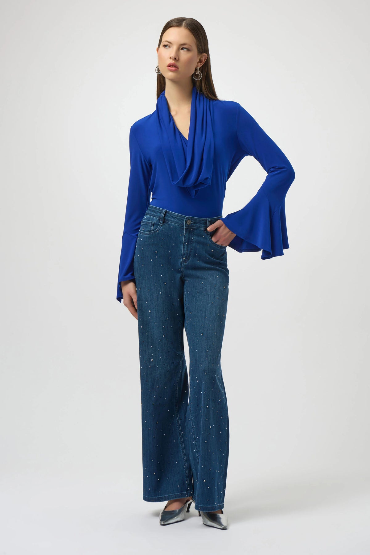 Joseph Ribkoff Medium Blue Classic Wide Leg Jeans with Rhinestones