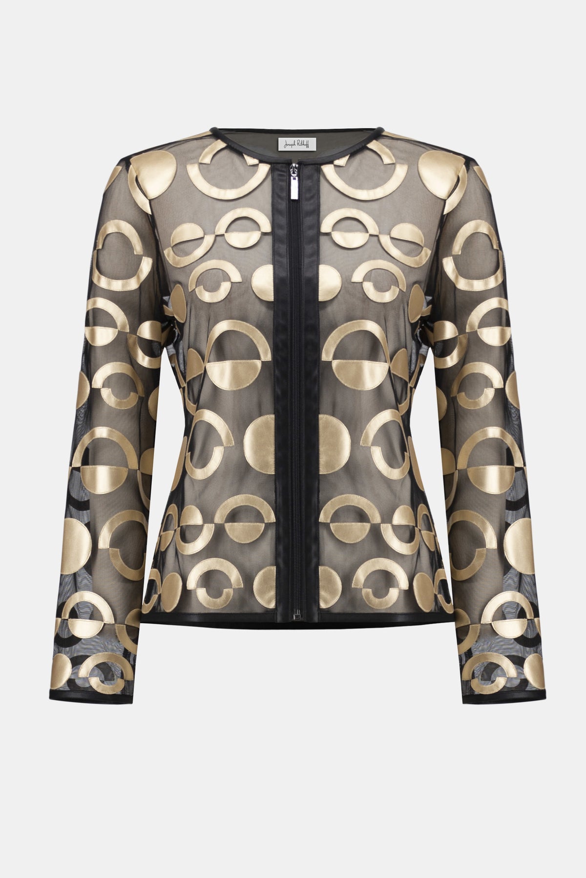 Joseph Ribkoff Gold/Black Mesh and Leatherette Collarless Jacket