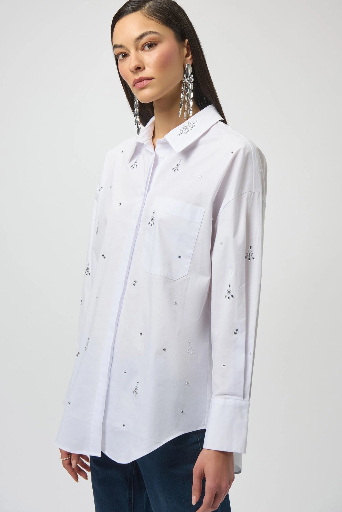 Joseph Ribkoff White Stretch Poplin Boxy Blouse with Rhinestones