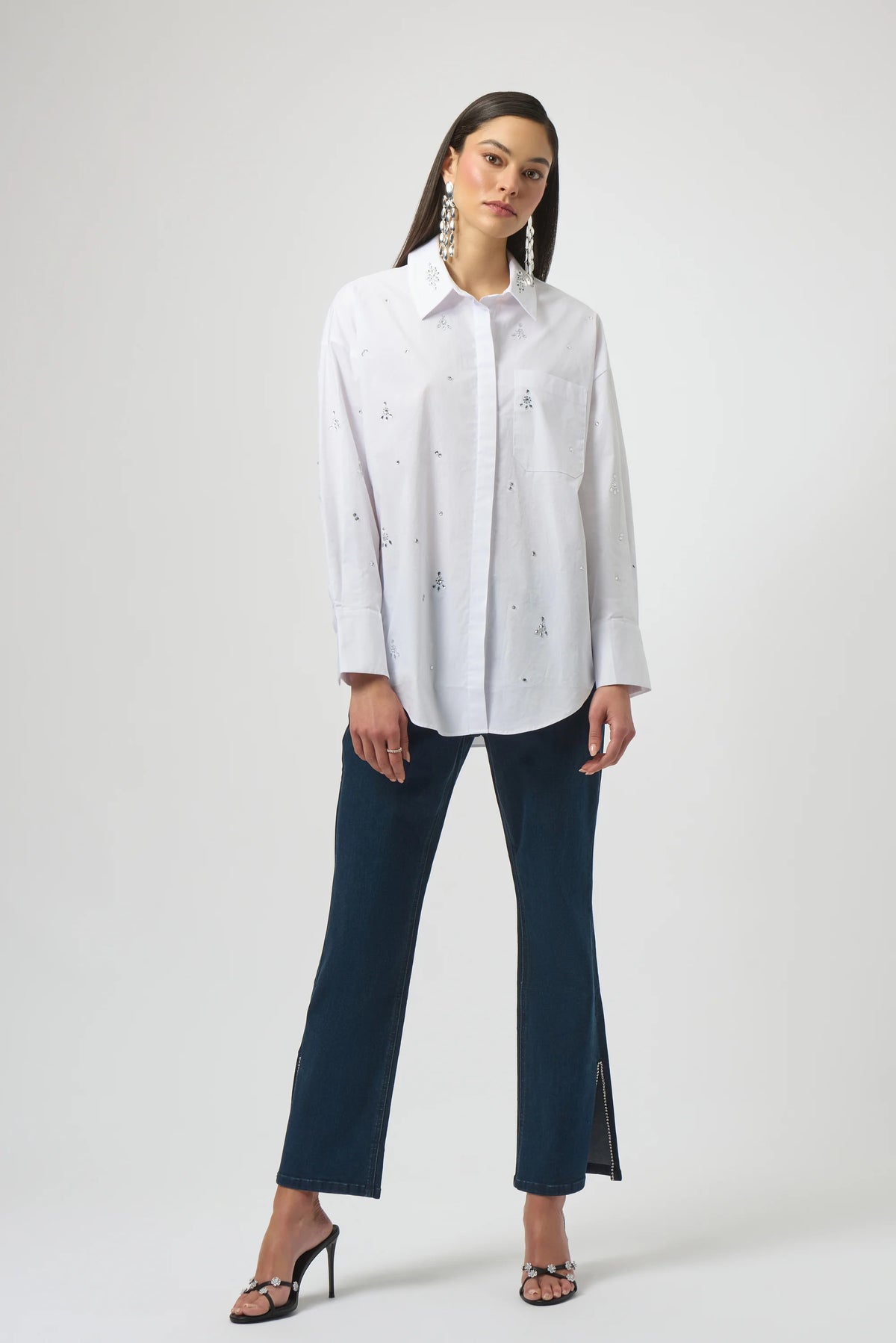 Joseph Ribkoff White Stretch Poplin Boxy Blouse with Rhinestones
