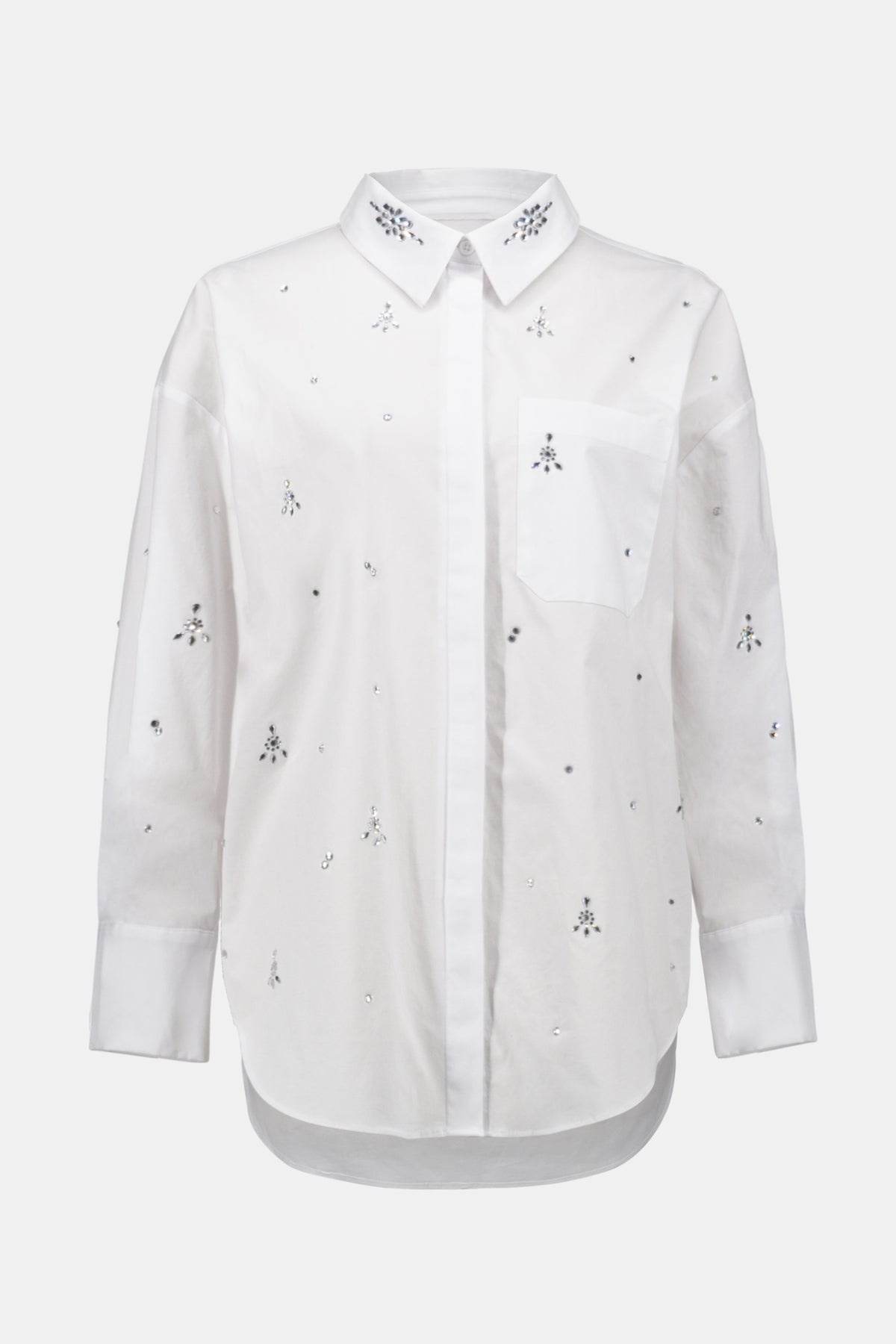 Joseph Ribkoff White Stretch Poplin Boxy Blouse with Rhinestones