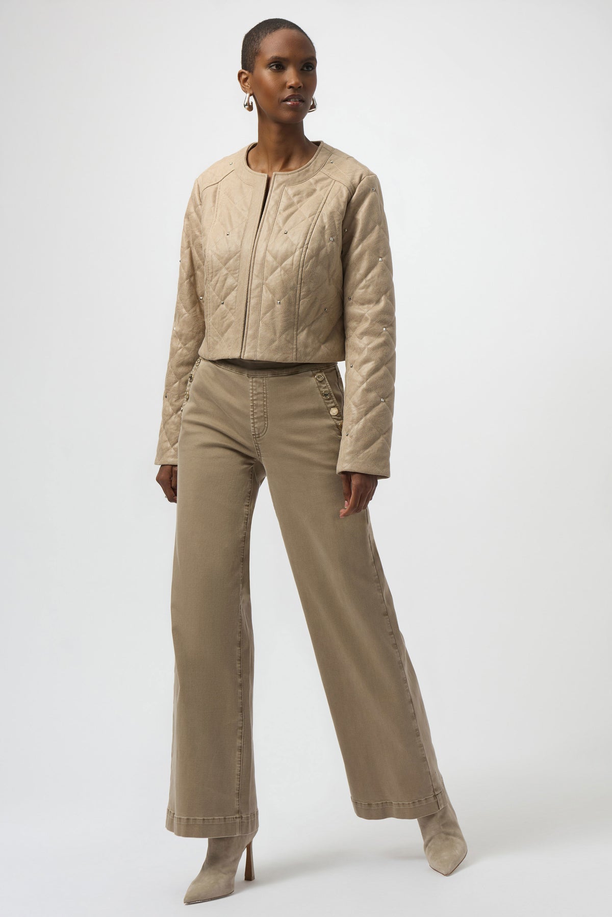 Joseph Ribkoff Fawn Foiled Faux Suede Diamond Quilt Studded Jacket