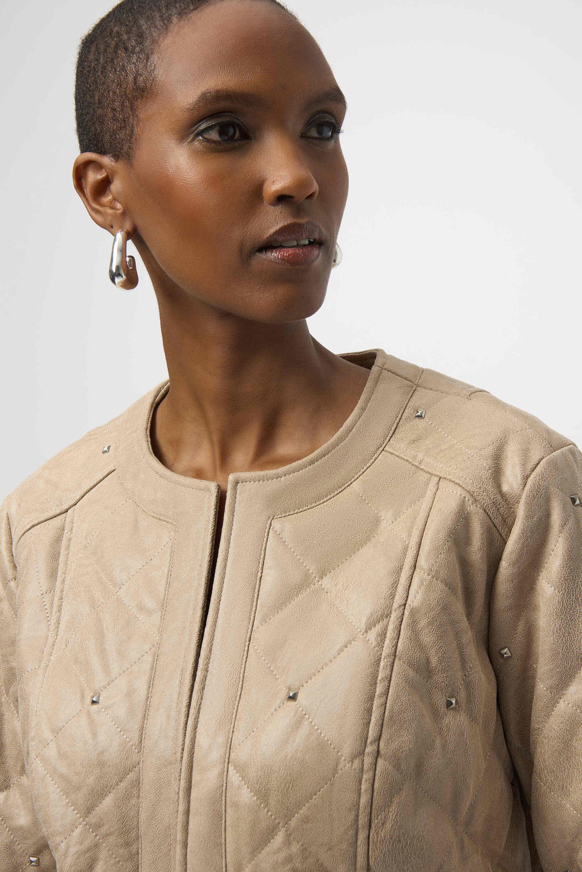 Joseph Ribkoff Fawn Foiled Faux Suede Diamond Quilt Studded Jacket