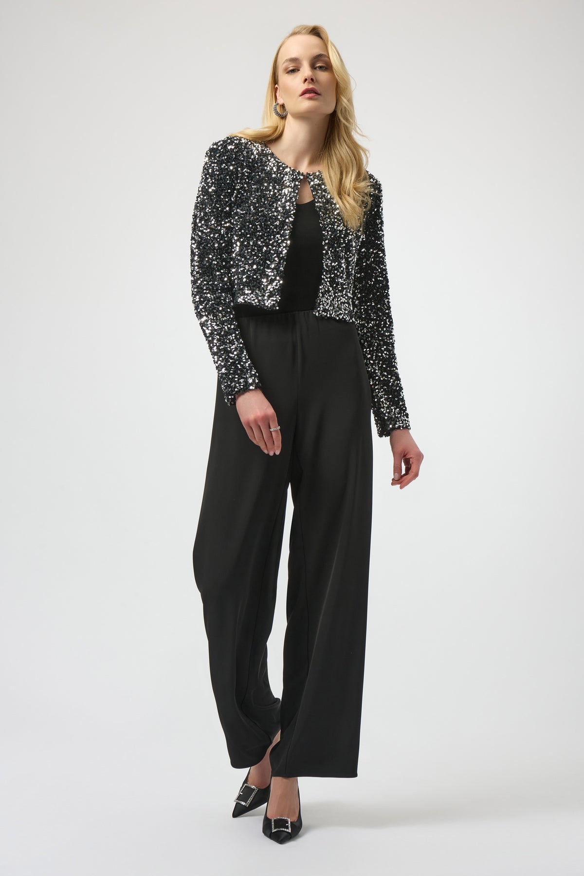 Joseph Ribkoff Black/Silver Sequined Velvet Cropped Cover-Up