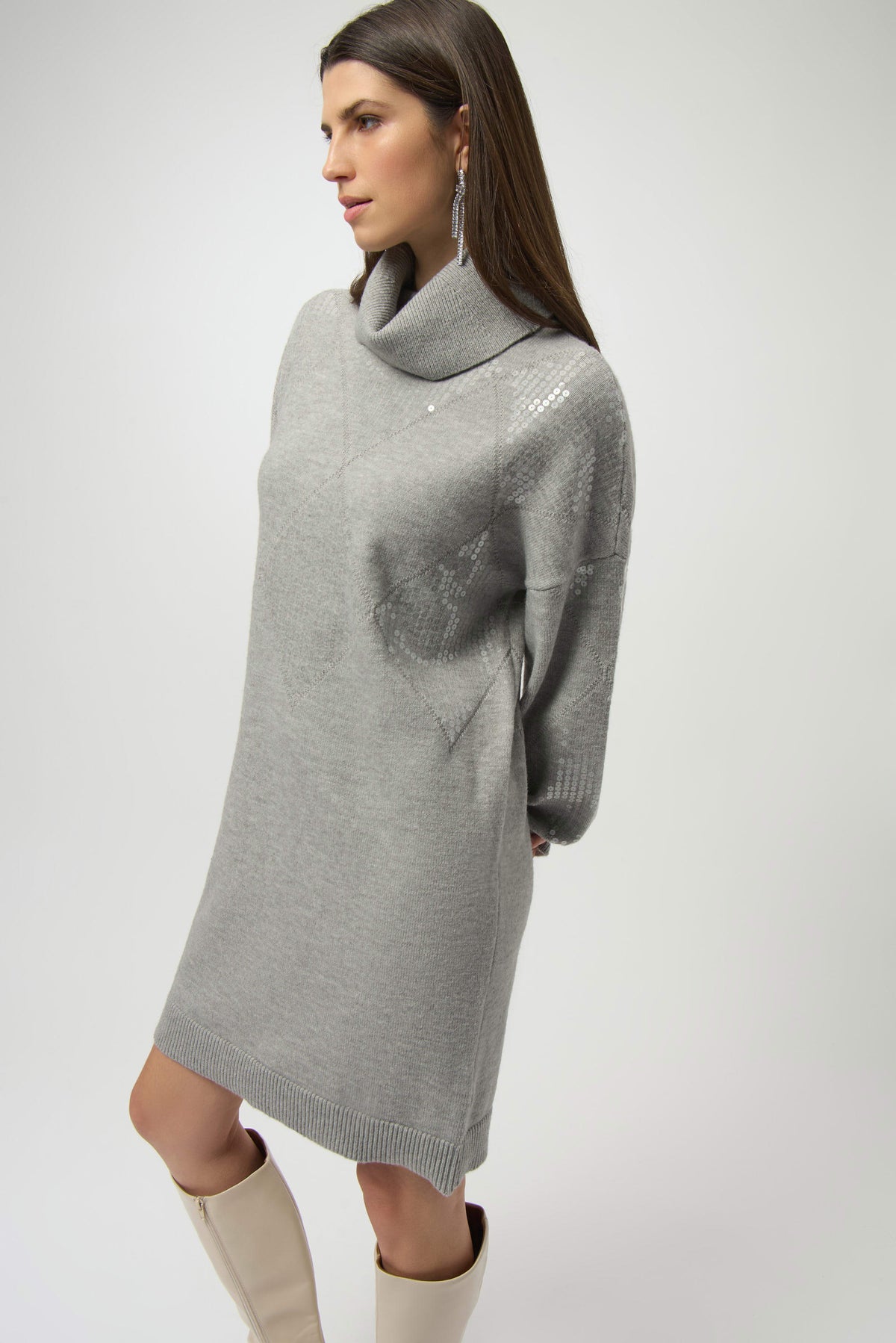 Joseph Ribkoff Grey Sweater Knit Straight Dress with Sequin Detail