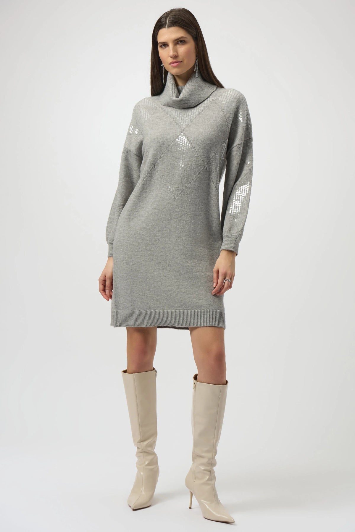 Joseph Ribkoff Grey Sweater Knit Straight Dress with Sequin Detail