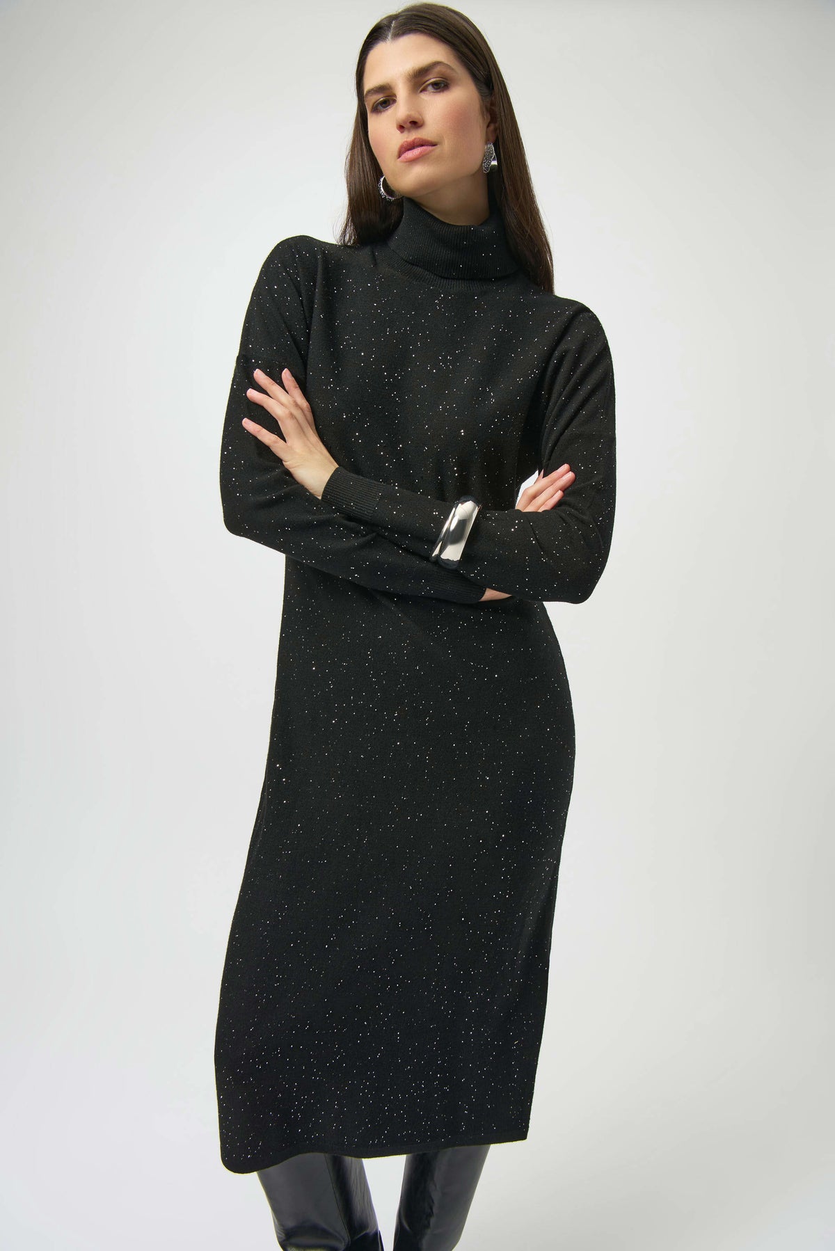 Joseph Ribkoff Black Sequined Sweater Knit Turtleneck Sheath Dress