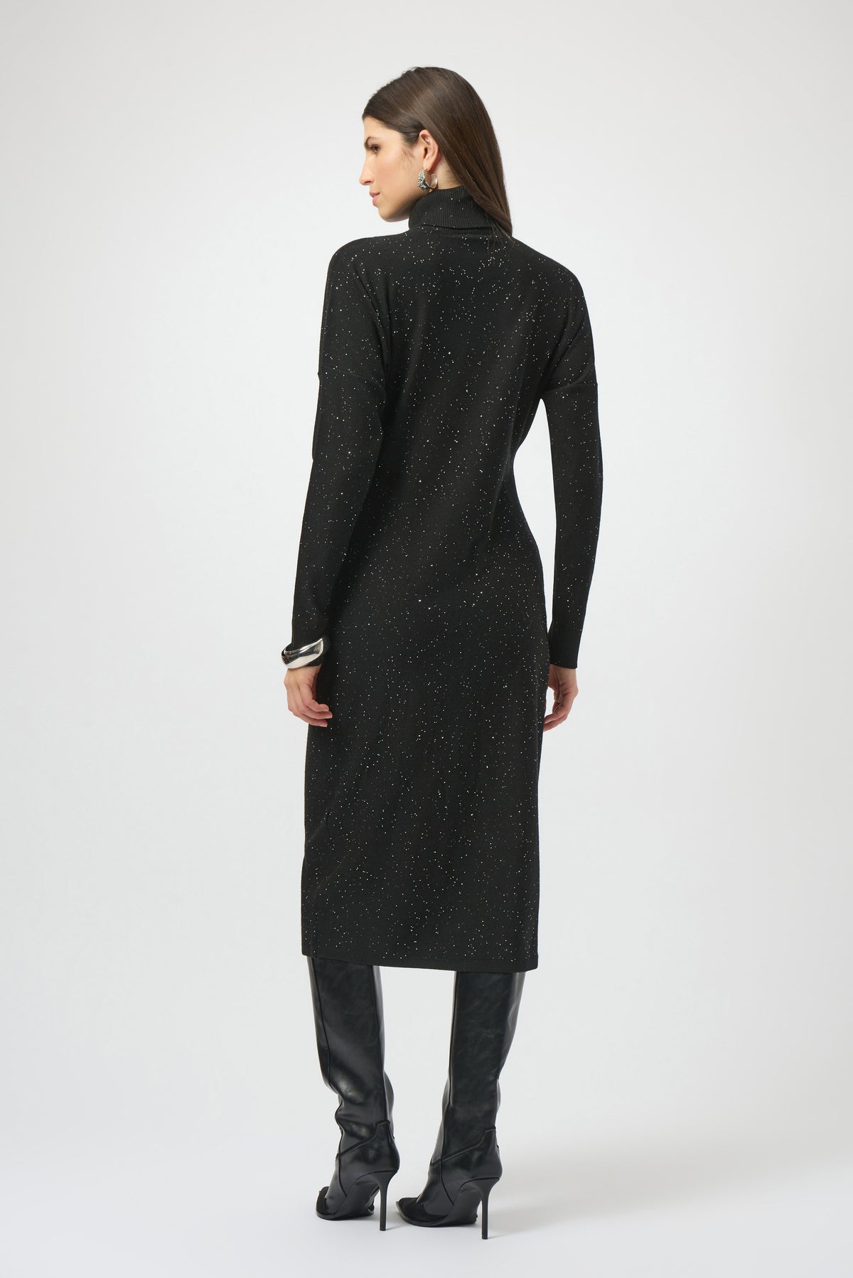 Joseph Ribkoff Black Sequined Sweater Knit Turtleneck Sheath Dress