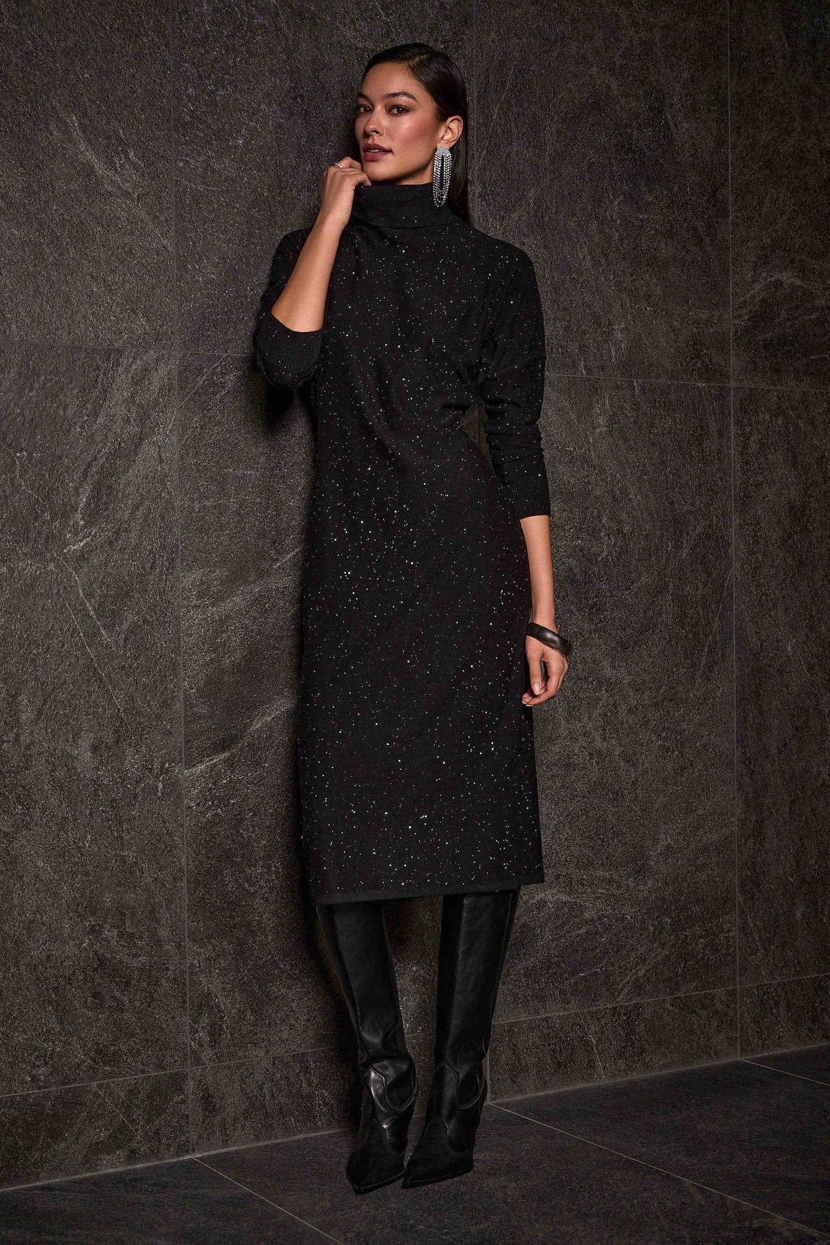 Joseph Ribkoff Black Sequined Sweater Knit Turtleneck Sheath Dress