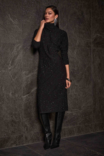 Joseph Ribkoff Black Sequined Sweater Knit Turtleneck Sheath Dress