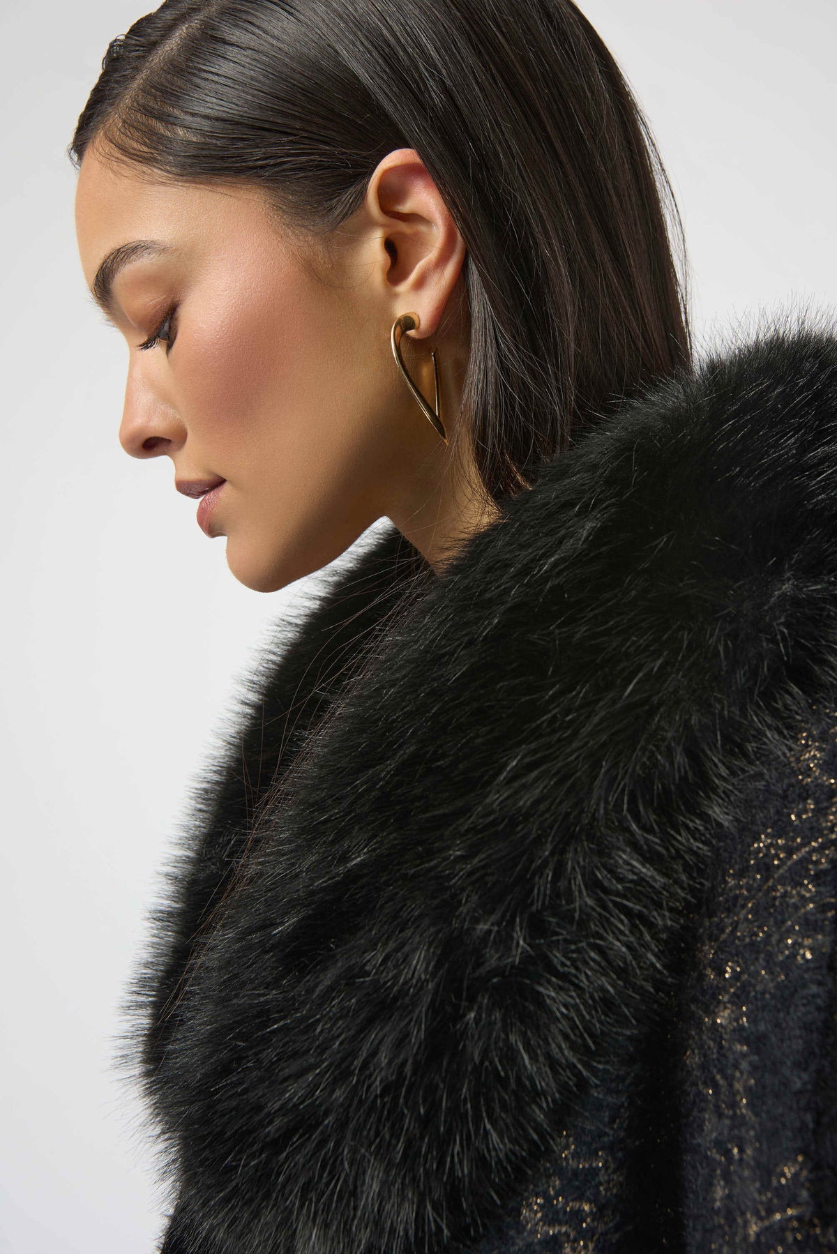 Joseph Ribkoff Black/Gold Jacquard Sweater Knit Cape with Faux Fur Accents