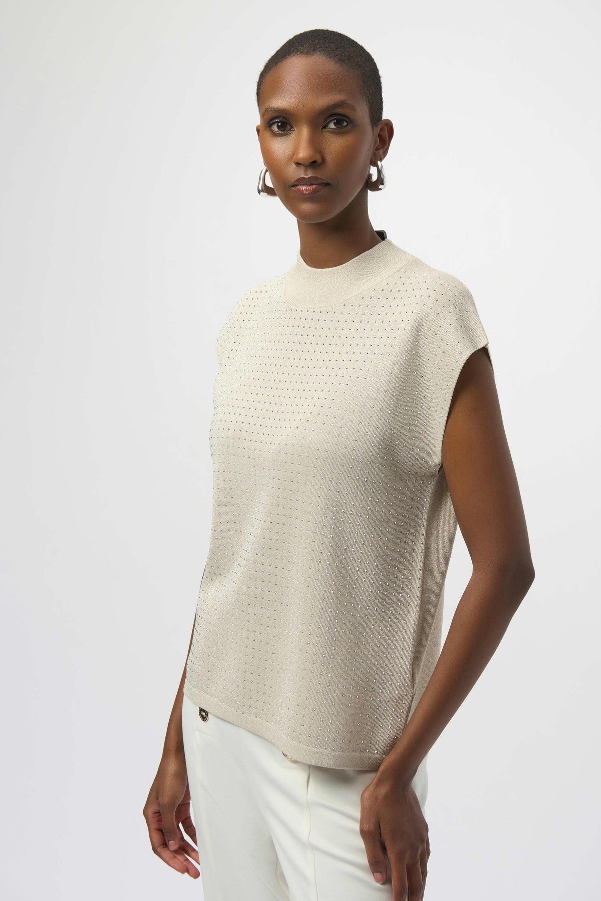 Joseph Ribkoff Birch/Silver Sweater Knit Sleeveless Pullover with Iron-On Detail