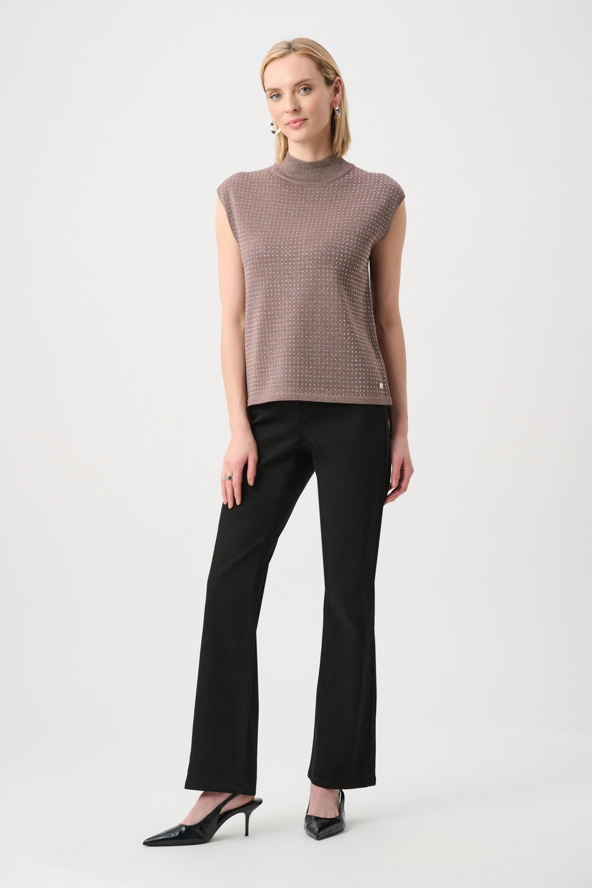 Joseph Ribkoff Mink Sweater Knit Sleeveless Pullover with Iron-On Detail
