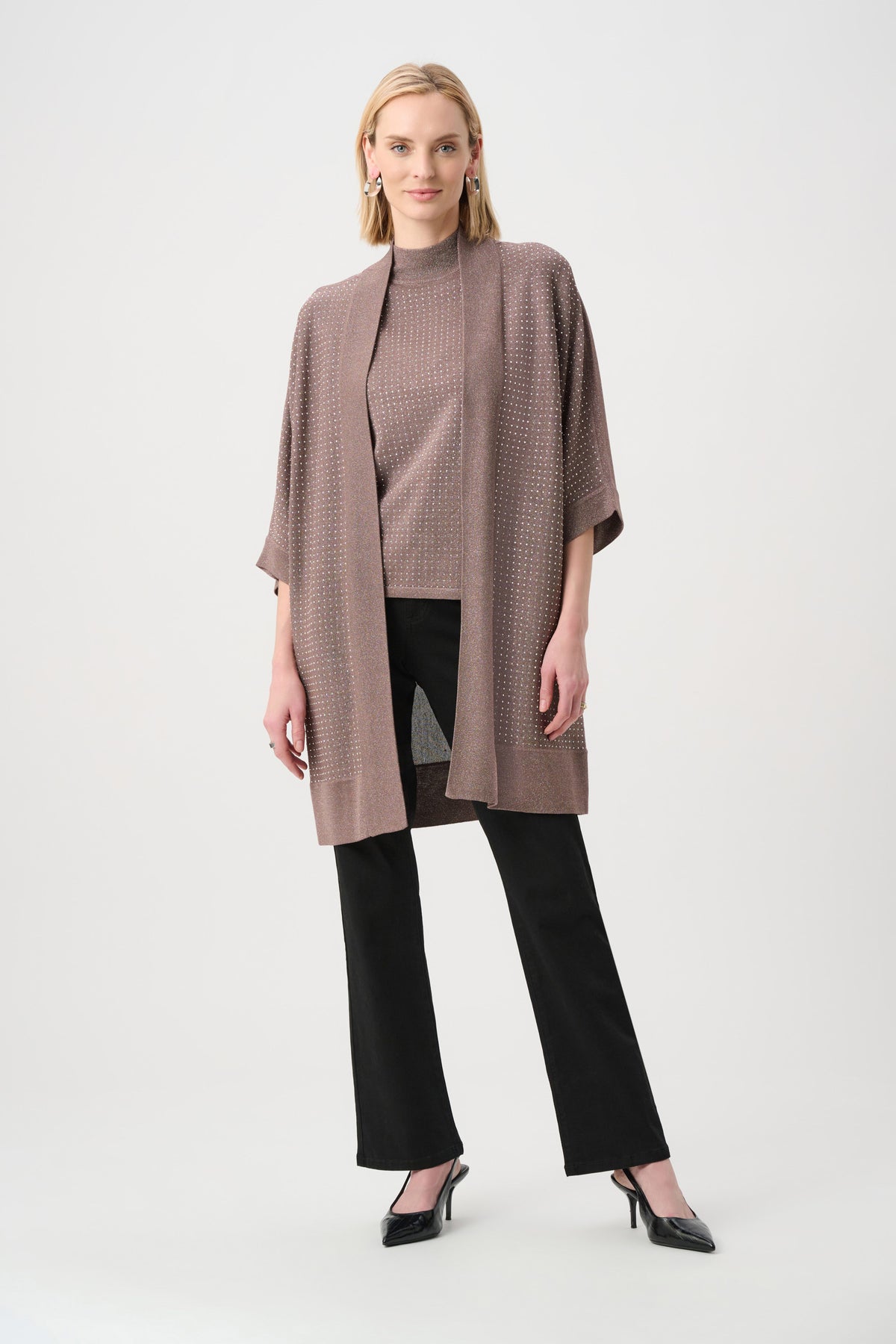 Joseph Ribkoff Mink/Gold Sweater Knit Cover-Up with Iron-On Detail