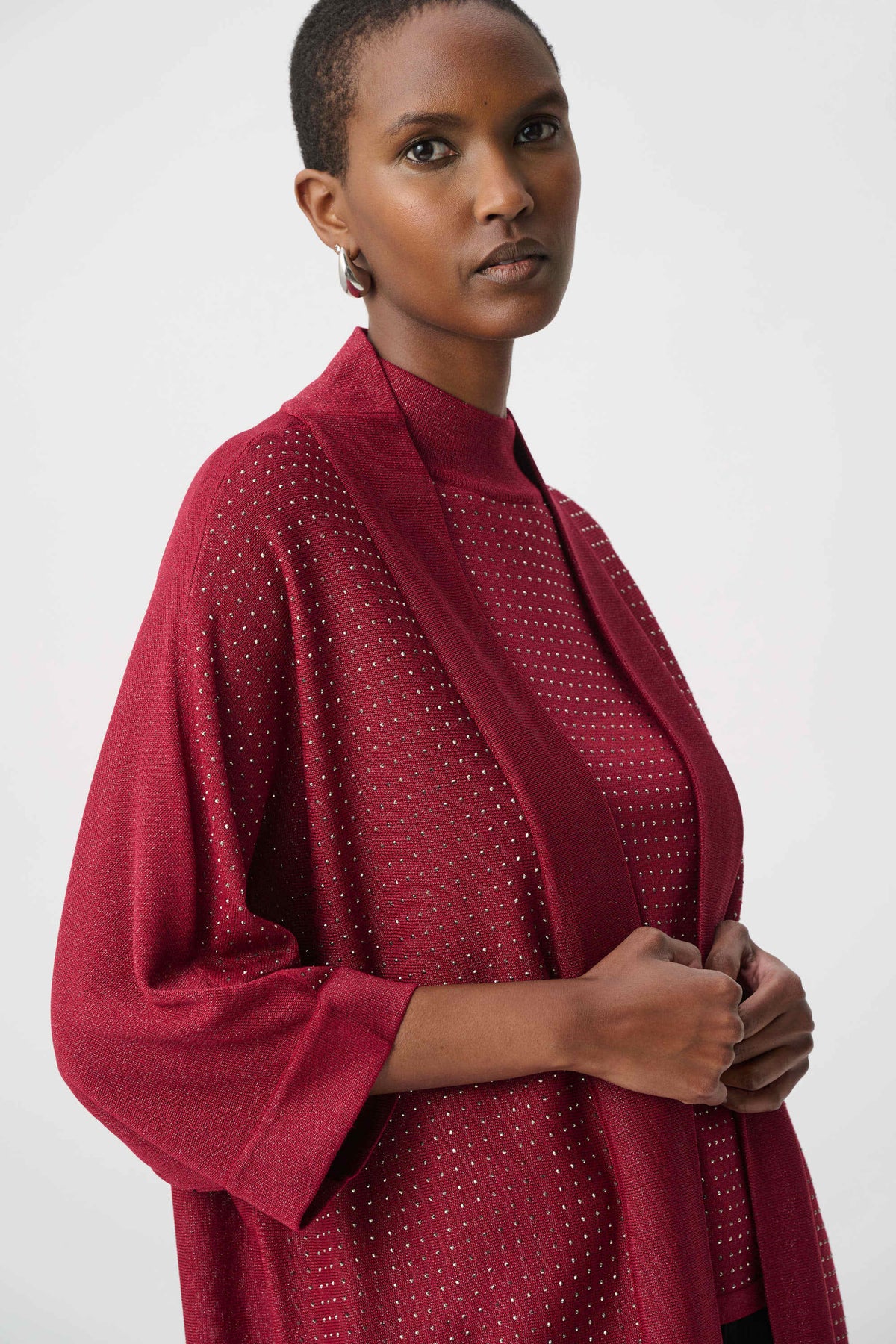 Joseph Ribkoff Deep Cherry Embellished Sparkly Long Cardigan