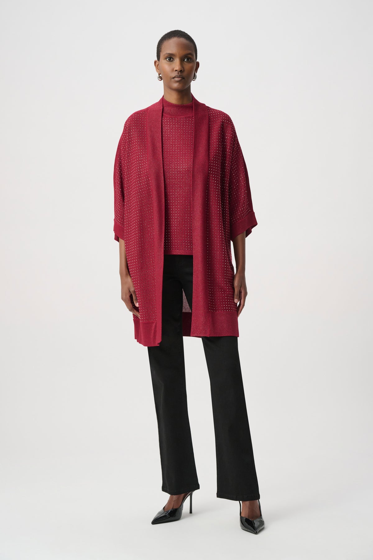 Joseph Ribkoff Deep Cherry Embellished Sparkly Long Cardigan