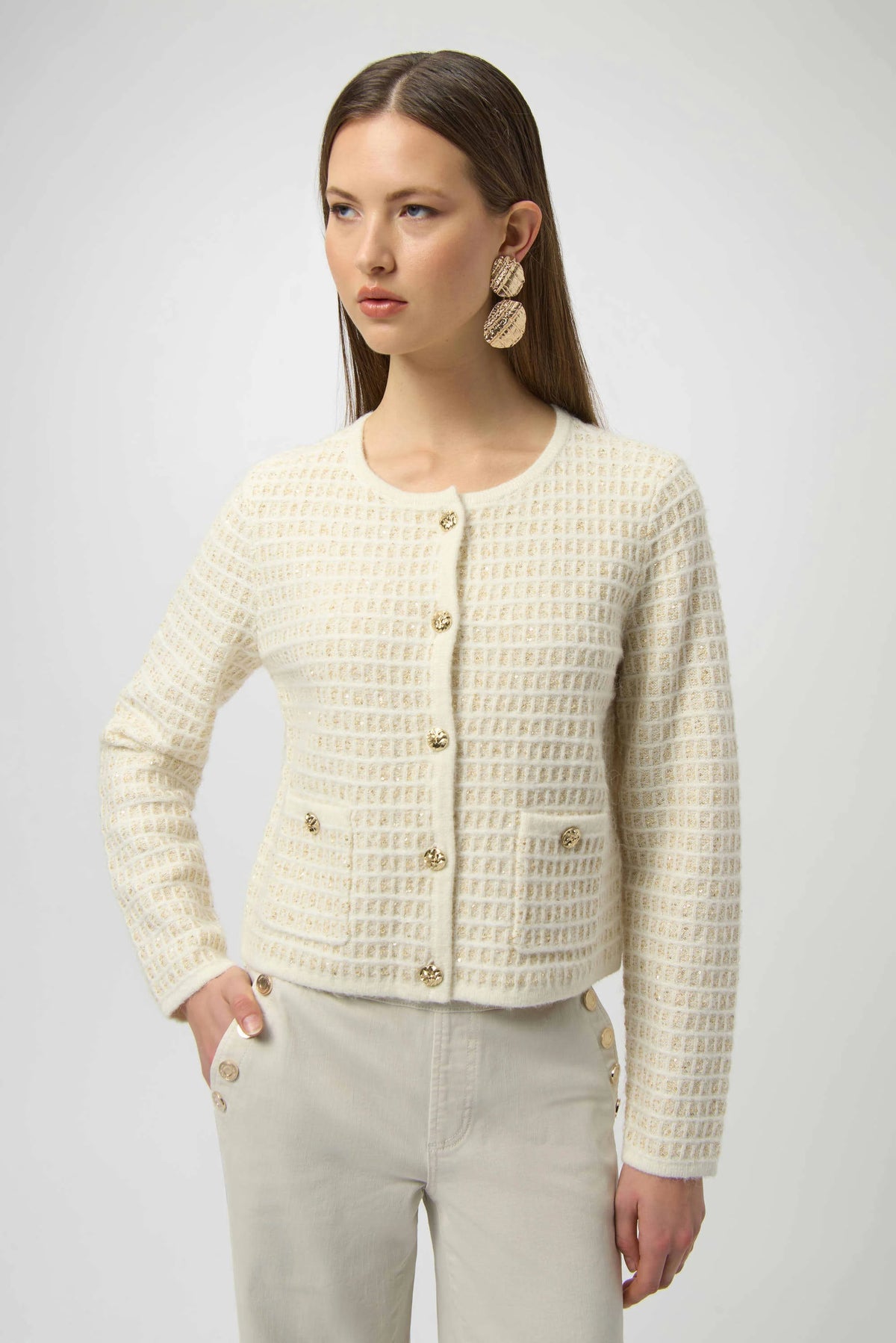 Joseph Ribkoff Winter White/Gold Sequined Sweater Knit Cardigan with Gold Buttons