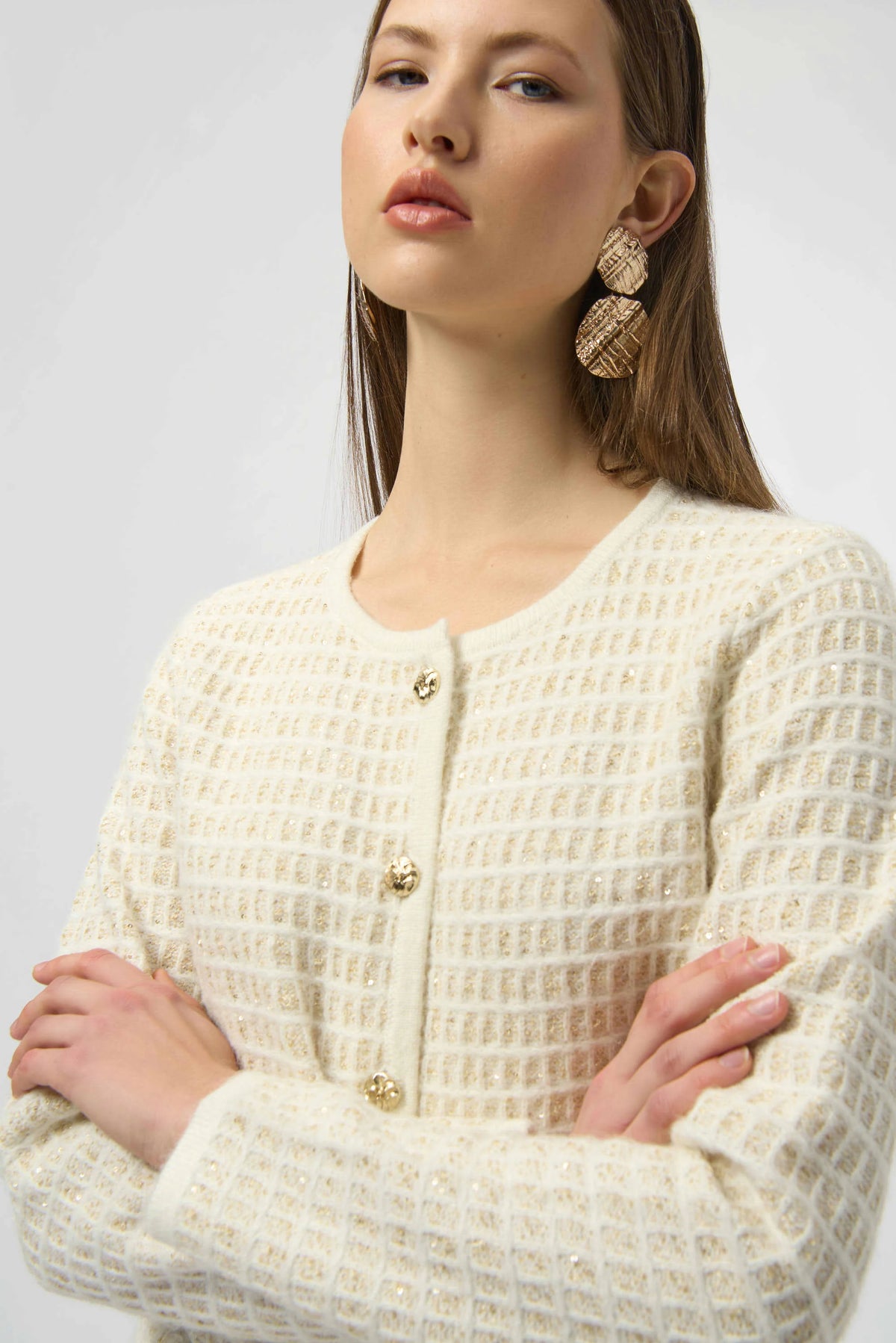 Joseph Ribkoff Winter White/Gold Sequined Sweater Knit Cardigan with Gold Buttons