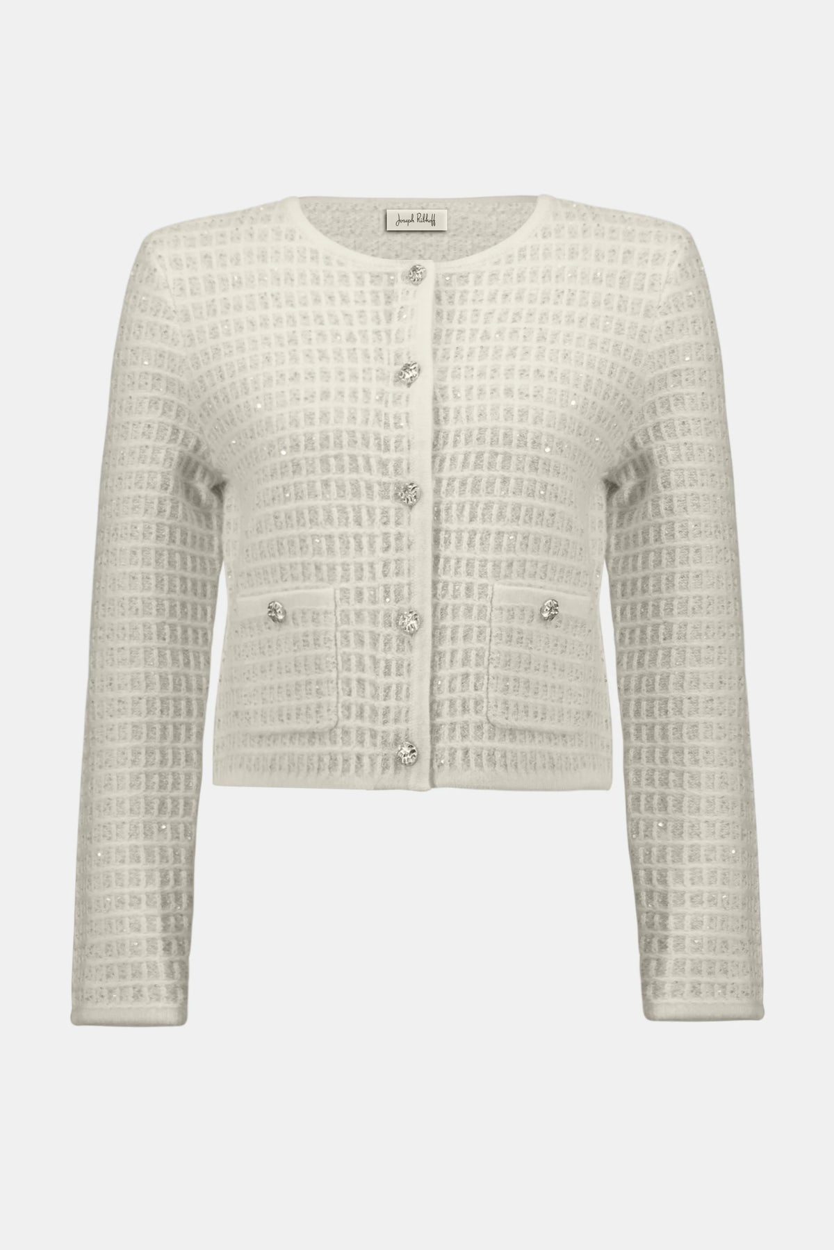 Joseph Ribkoff Winter White/Gold Sequined Sweater Knit Cardigan with Gold Buttons