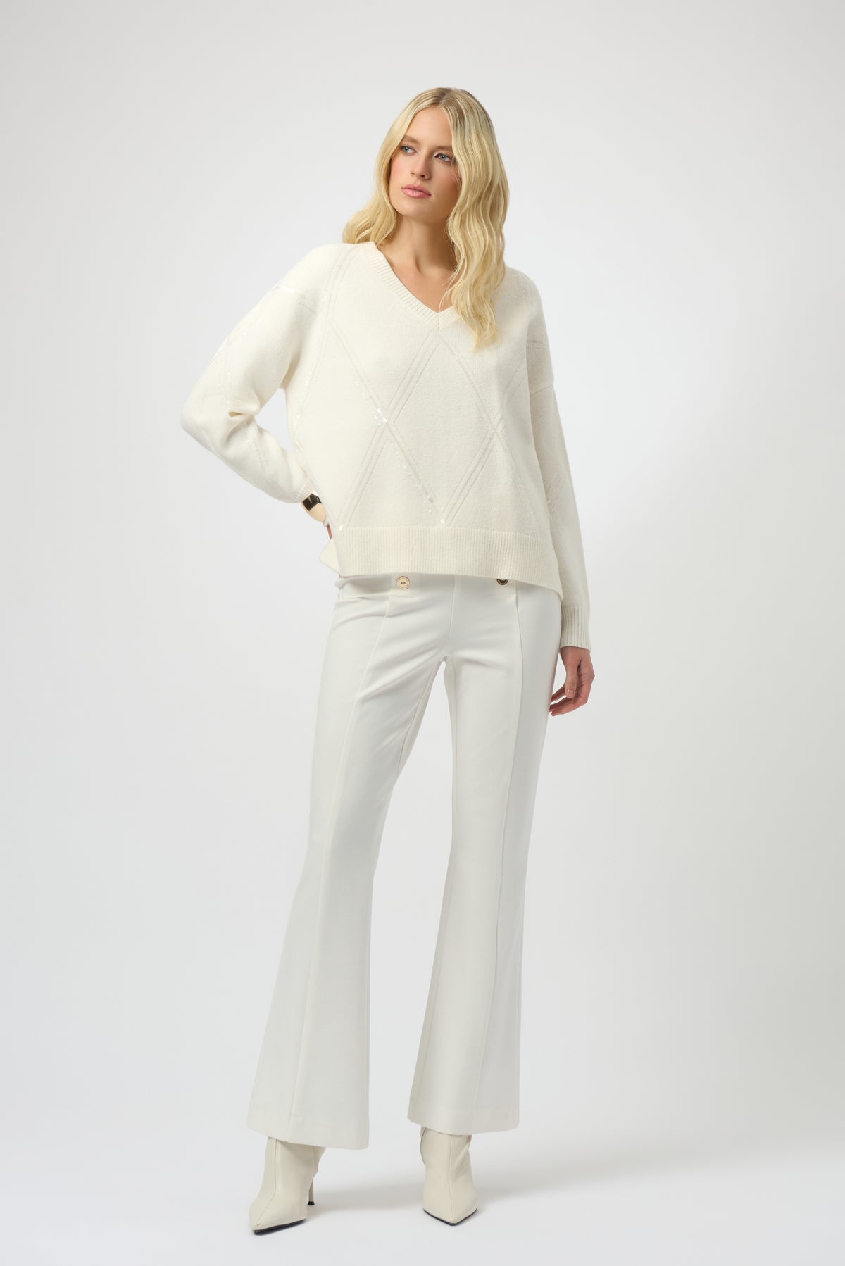Joseph Ribkoff Winter White Sweater Knit Pullover with Sequins