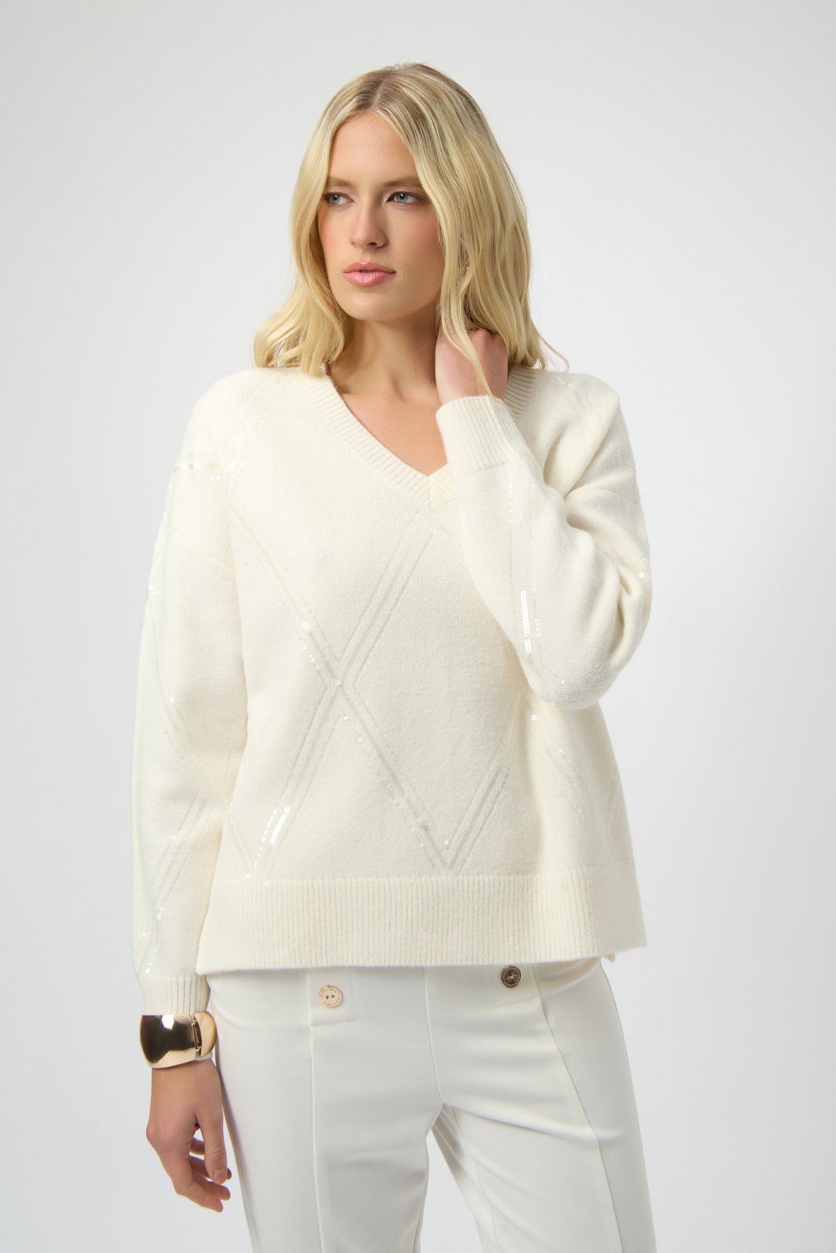 Joseph Ribkoff Winter White Sweater Knit Pullover with Sequins