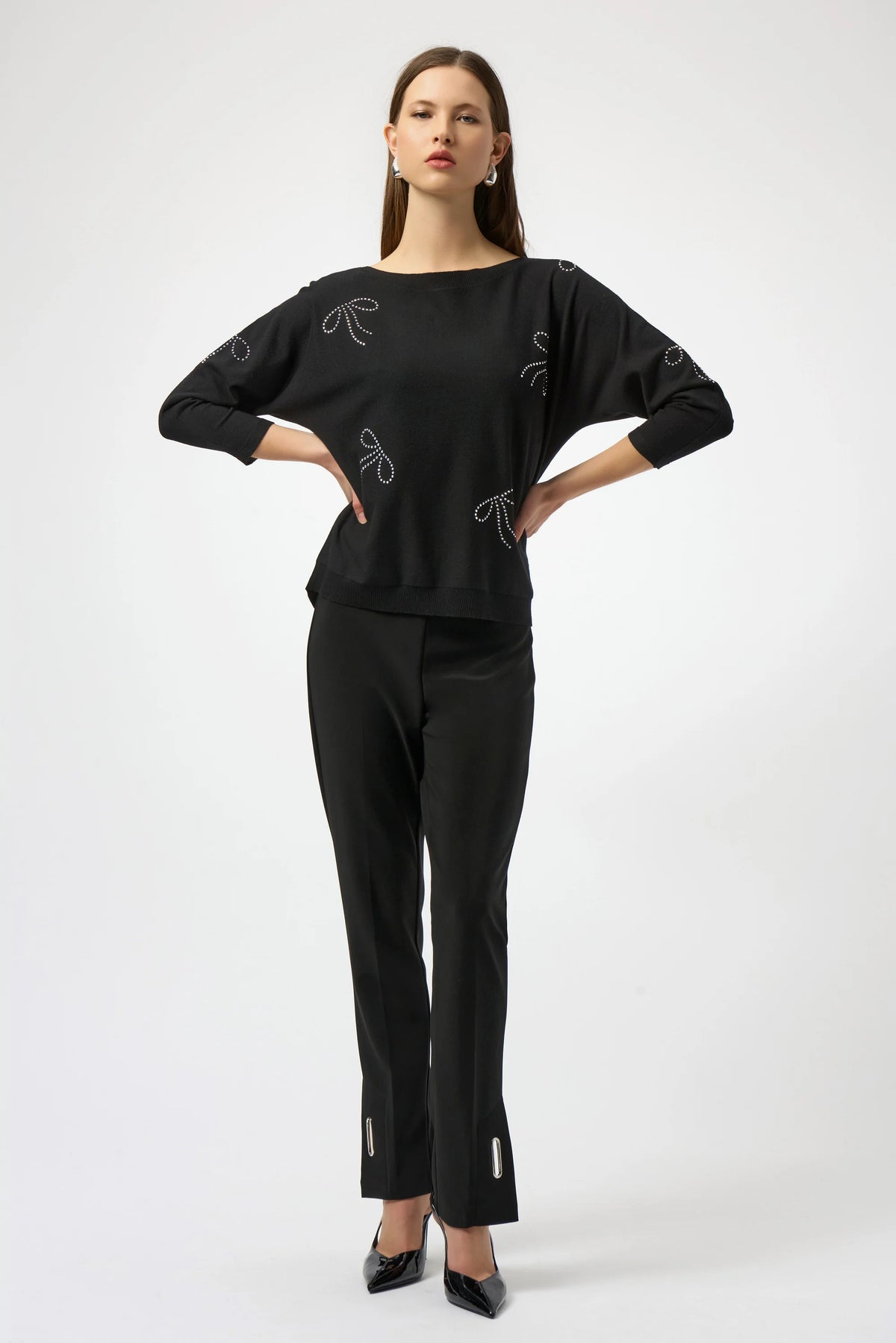Joseph Ribkoff Black Sweater Knit Pullover with Iron-On Bow Detail