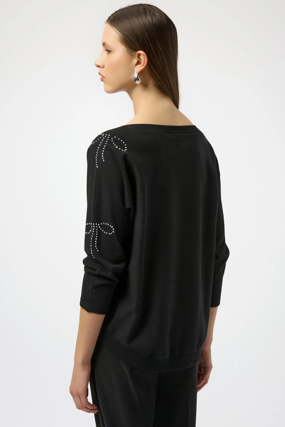 Joseph Ribkoff Black Sweater Knit Pullover with Iron-On Bow Detail